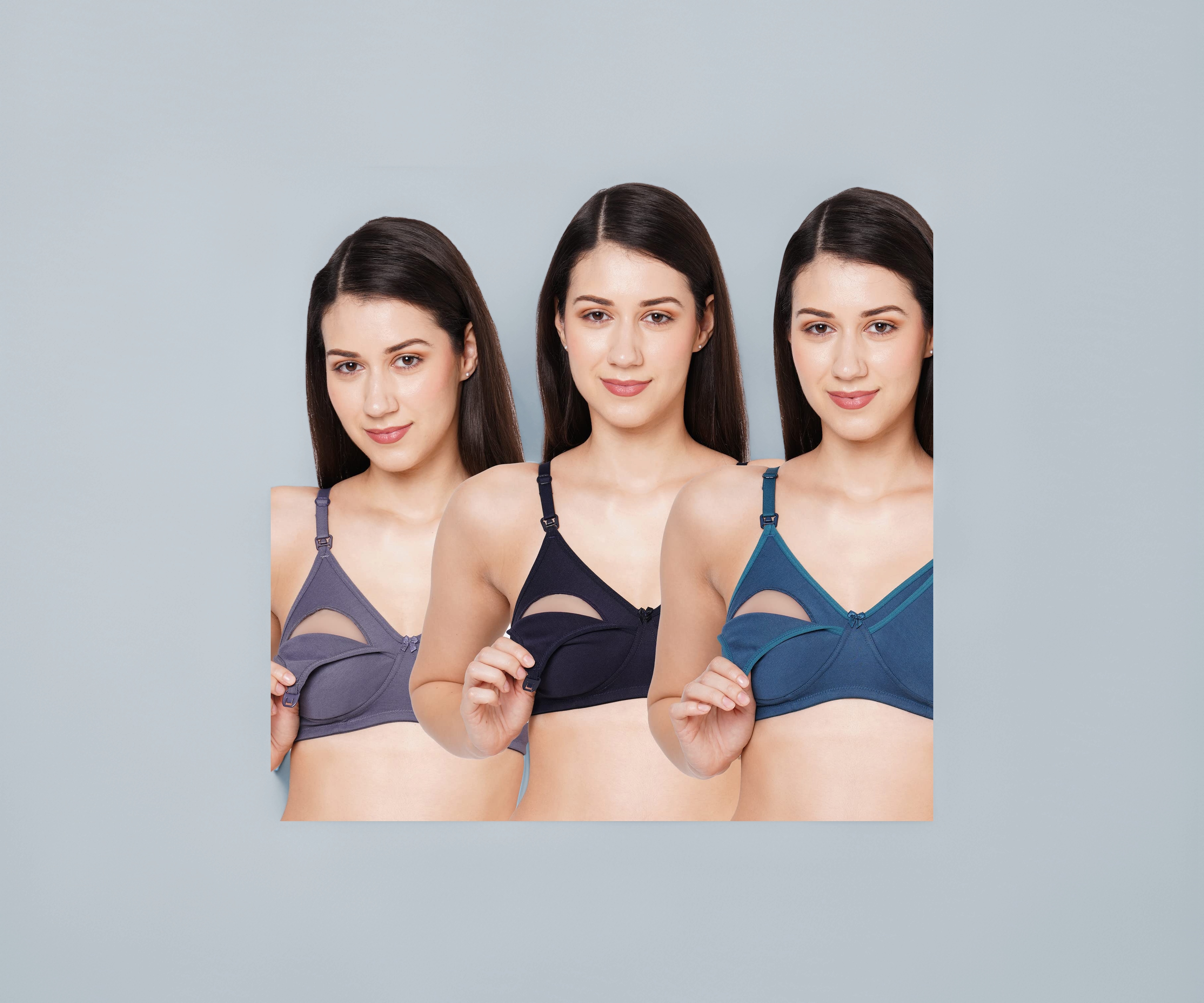 MomToBe Women's Cotton Multicolor Full Cup Non Padded Feeding Bra/Nursing Bra/Maternity Bra Combo - Pack of 3 (Navy Blue-Grey-Turquoise)