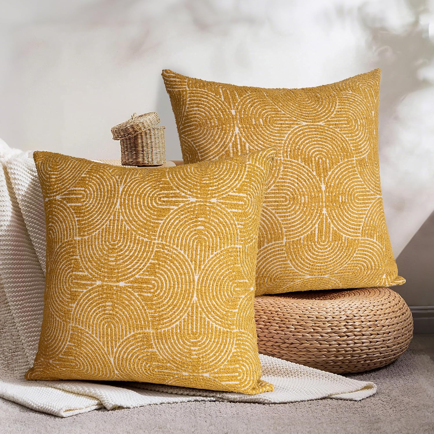 AELS Boho Decorative Textured Throw Pillow Covers 24x24, Organic Modern Mid Century Rainbow Tufted Pillow Case, Farmhouse Rustic Geometric Woven Cushion Case for Bed Couch Sofa, Mustard Yellow