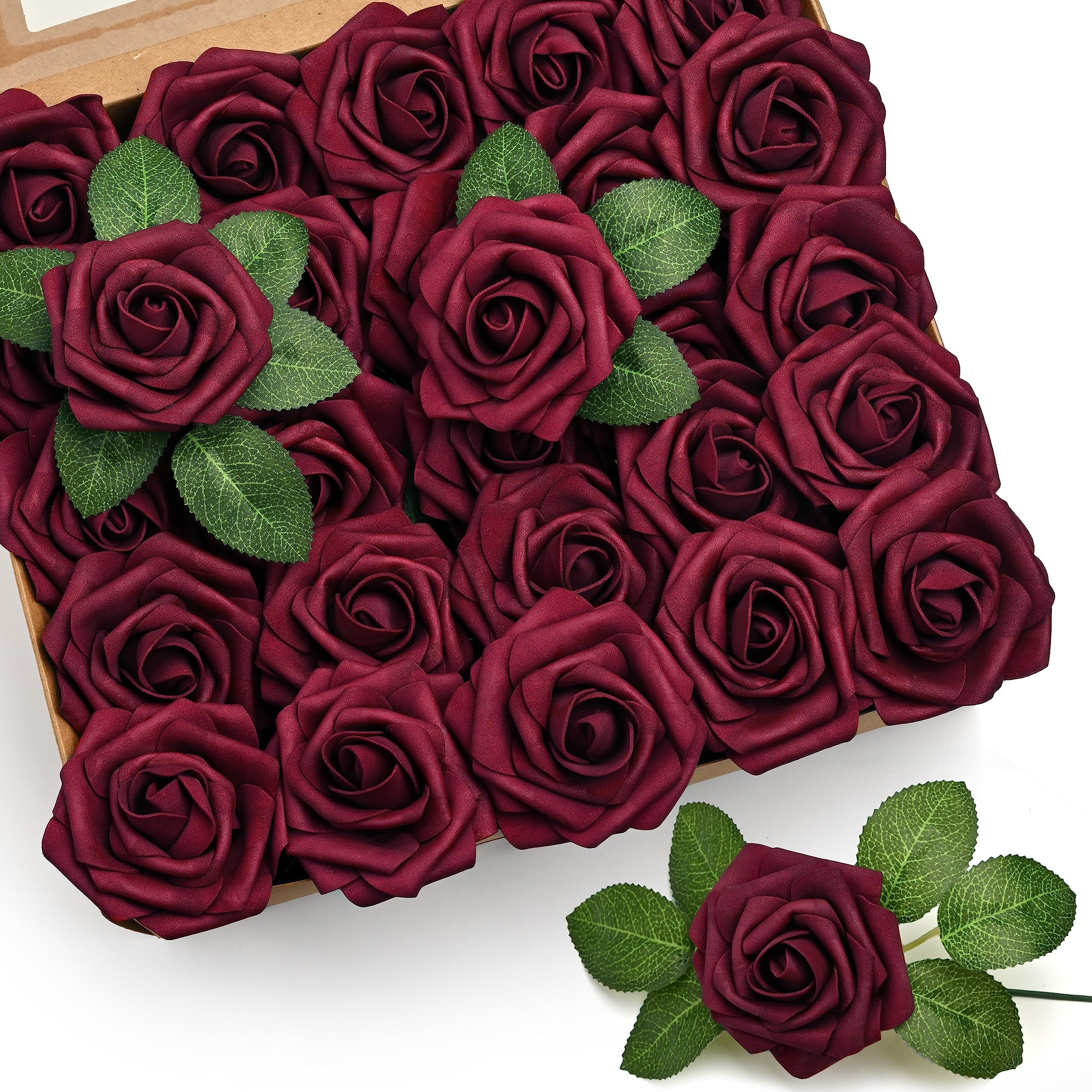 Mocoosy 50Pcs Burgundy Roses Artificial Flowers, Burgundy Fake Rose for Decoration, Real Touch Foam Rose Bulk with Stem DIY Wedding Bouquet Bridal Shower Mother's Day Floral Arrangement Party Decor
