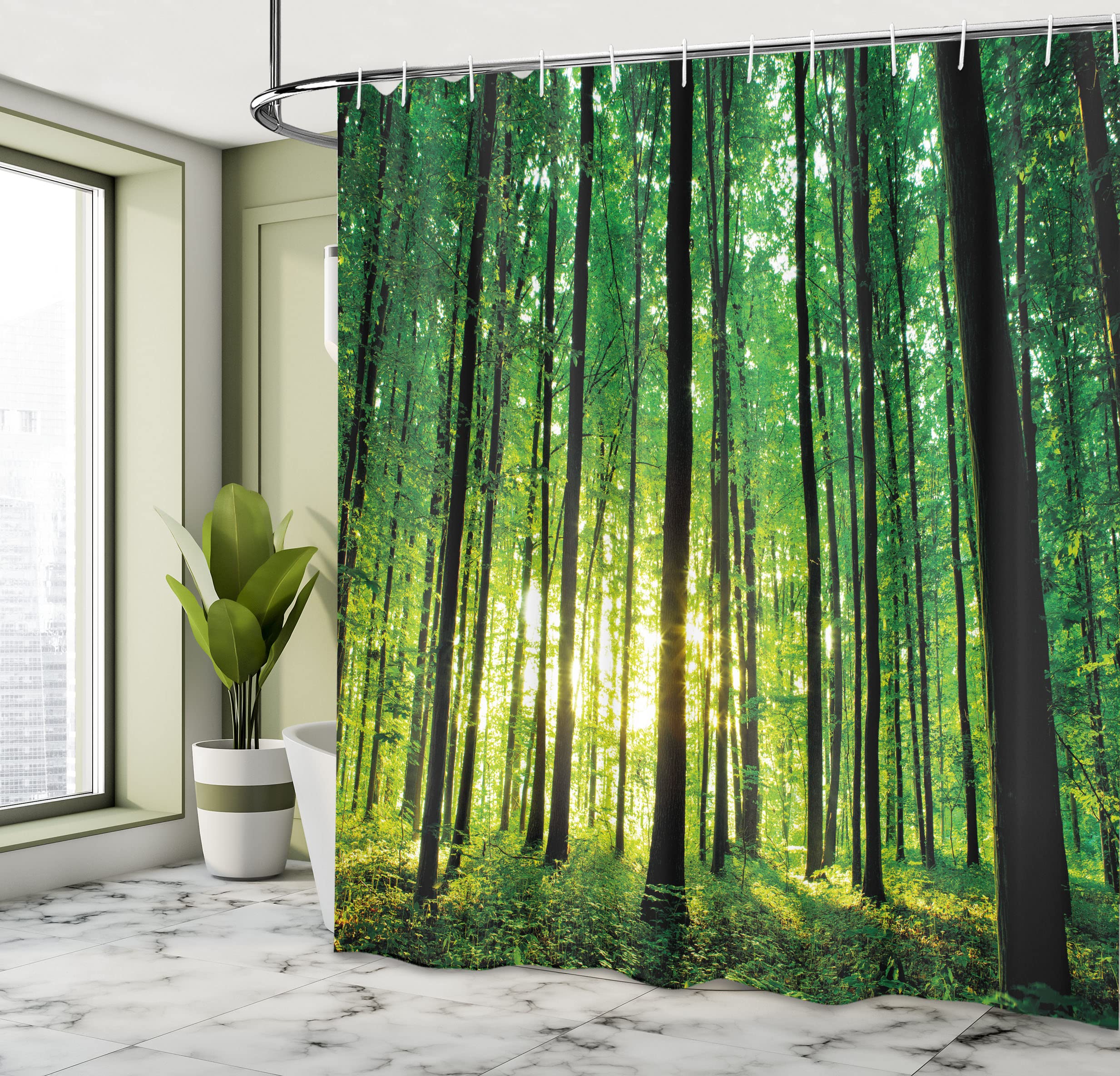 ABAKUHAUS Forest Shower Curtain, Green Woodland at Sunrise Scenic Morning Nature Environment Ecology Serenity - Image 4