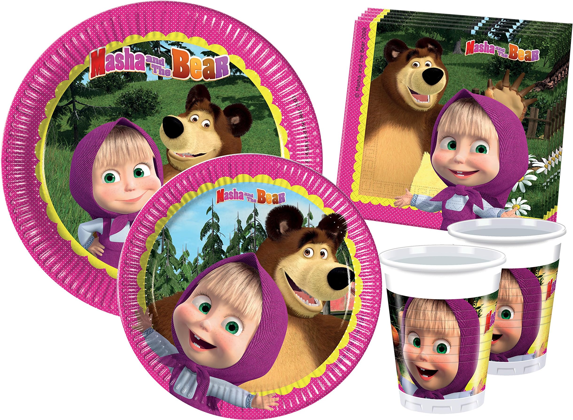 Ciao Kit Party Table Masha and Bear People (112 Pieces Ø23cm, Plates Ø20cm, 24 Glasses, 40 Napkins), Multicolor, Y2521