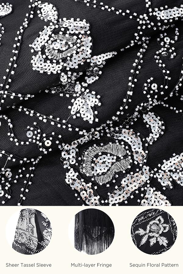 BABEYOND Women's Flapper Dress 1920s V-Neck Evening Gown Sequin Beaded Maxi Dress for Wedding Black Silver by BABEYOND - Used condition - Image 5