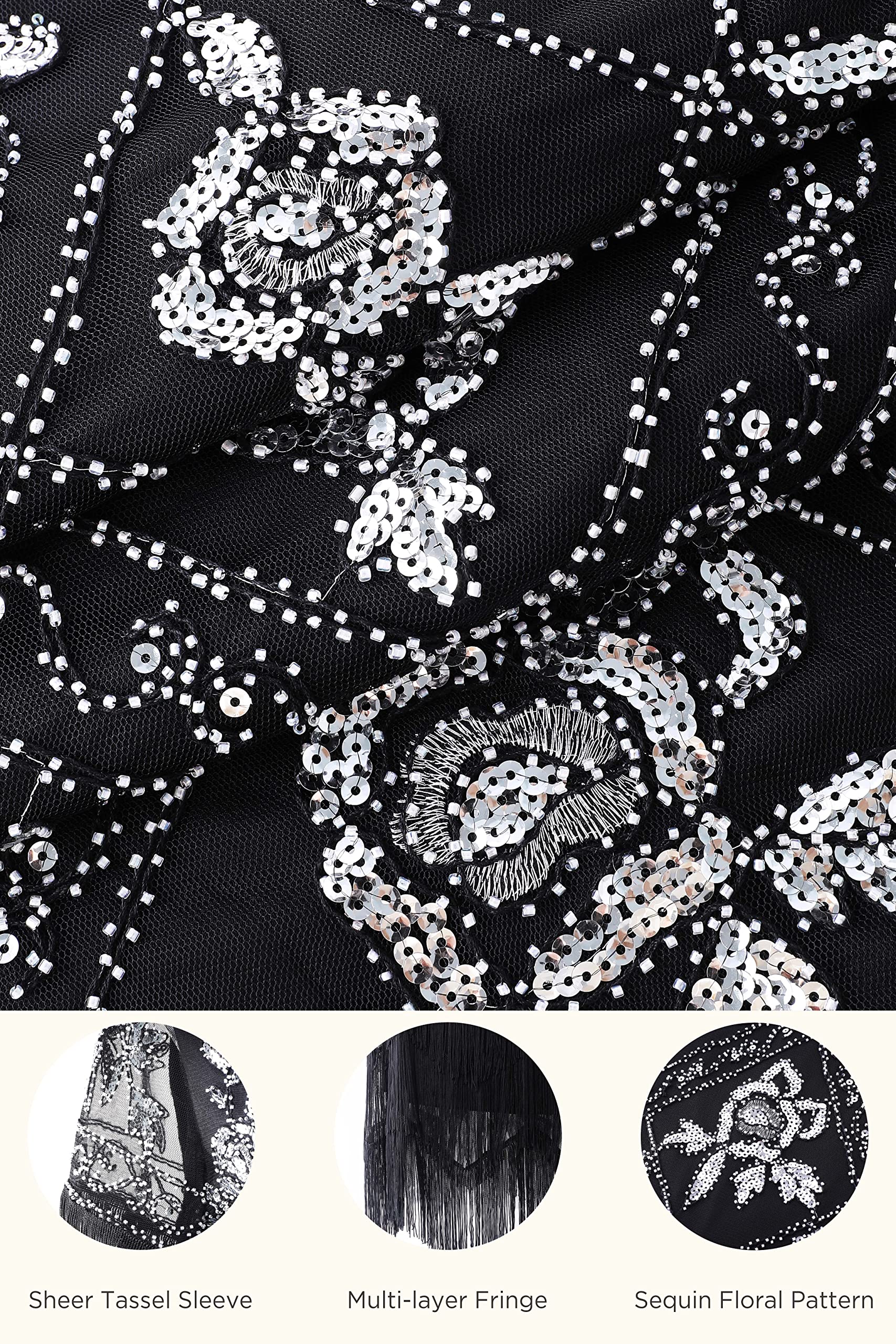 BABEYOND Vestido largo de noche de los años 20 con cuello en V, abalorios y lentejuelas, para boda, color negro y dorado