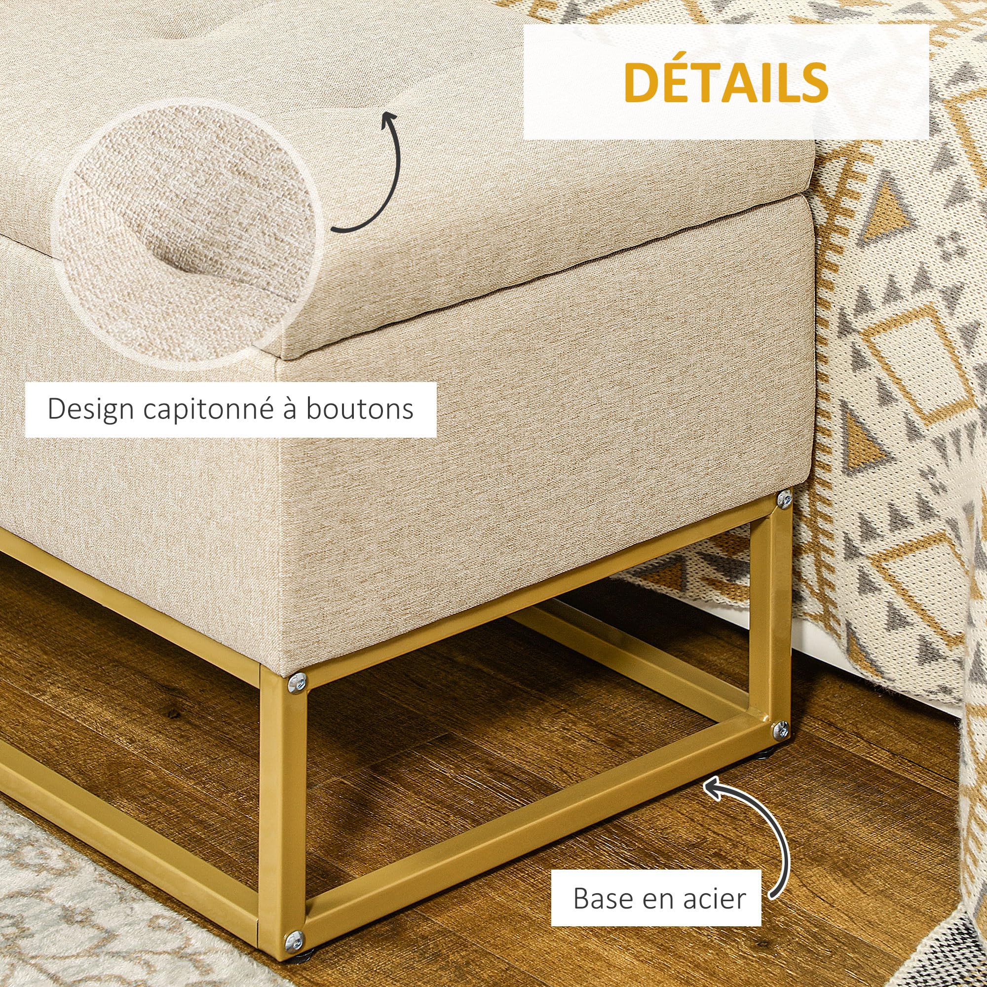 HOMCOM Banc de Rangement, Bout de lit, Coffre de Rangement avec Assise capitonnée et Pieds en Acier, 110 x 44 x 48 cm, Beige et doré