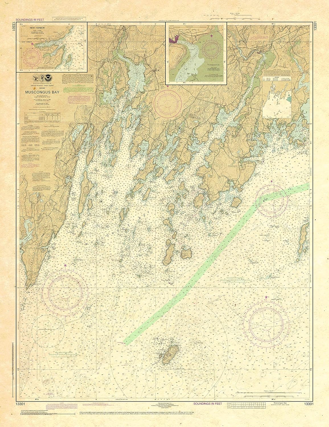 Paradise Cay Publications, Inc. Antiqued NOAA Chart 13301: Muscongus Bay; New Harbor; Thomaston