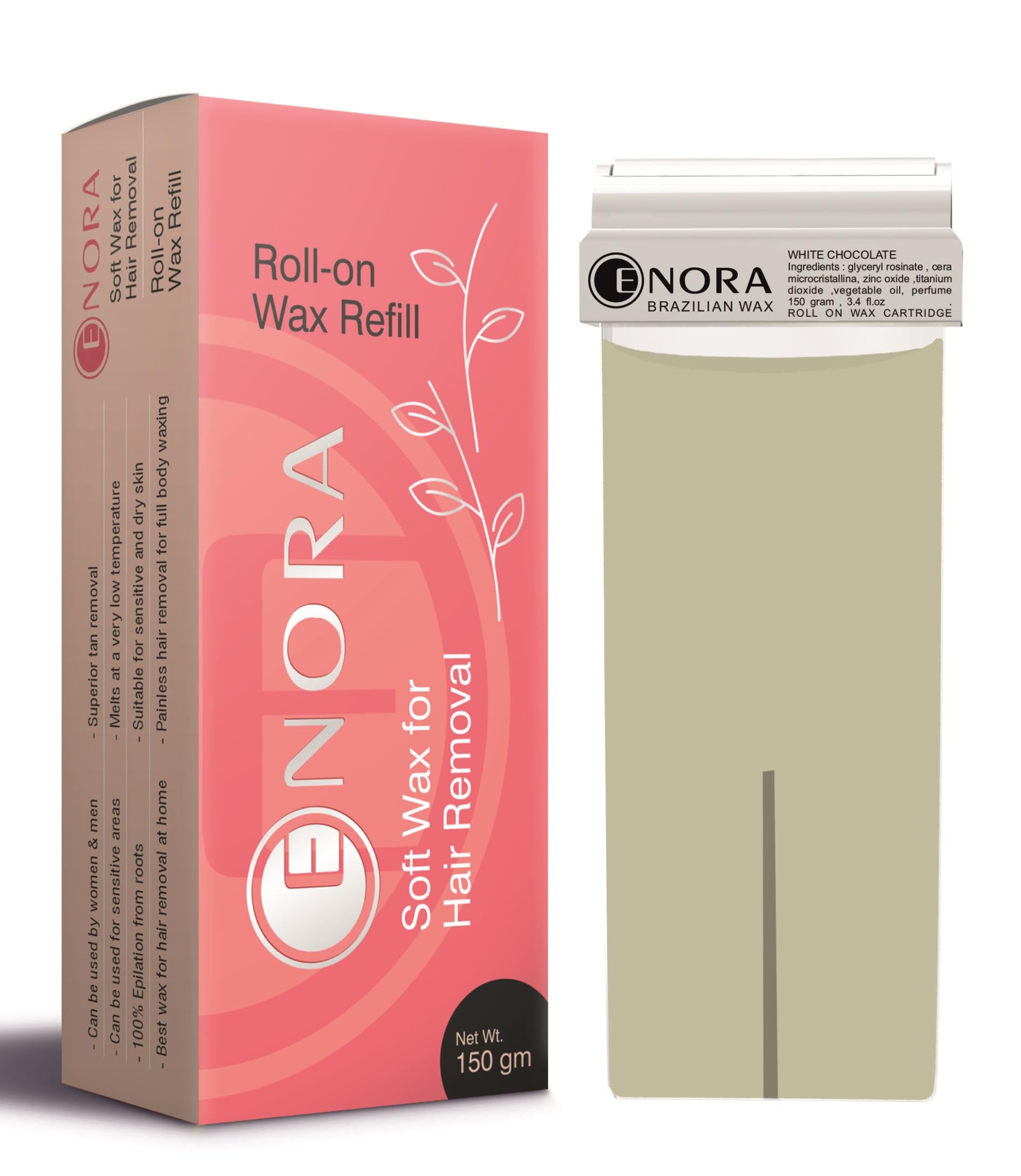 ENORA Roll On Wax, Hair Removal Soft Wax Cartridge, Depilatory Wax Roller Refill for legs and arms, Home Self Waxing and saloon 150 g (150 Gram (Pack of 1), White Chocolate)