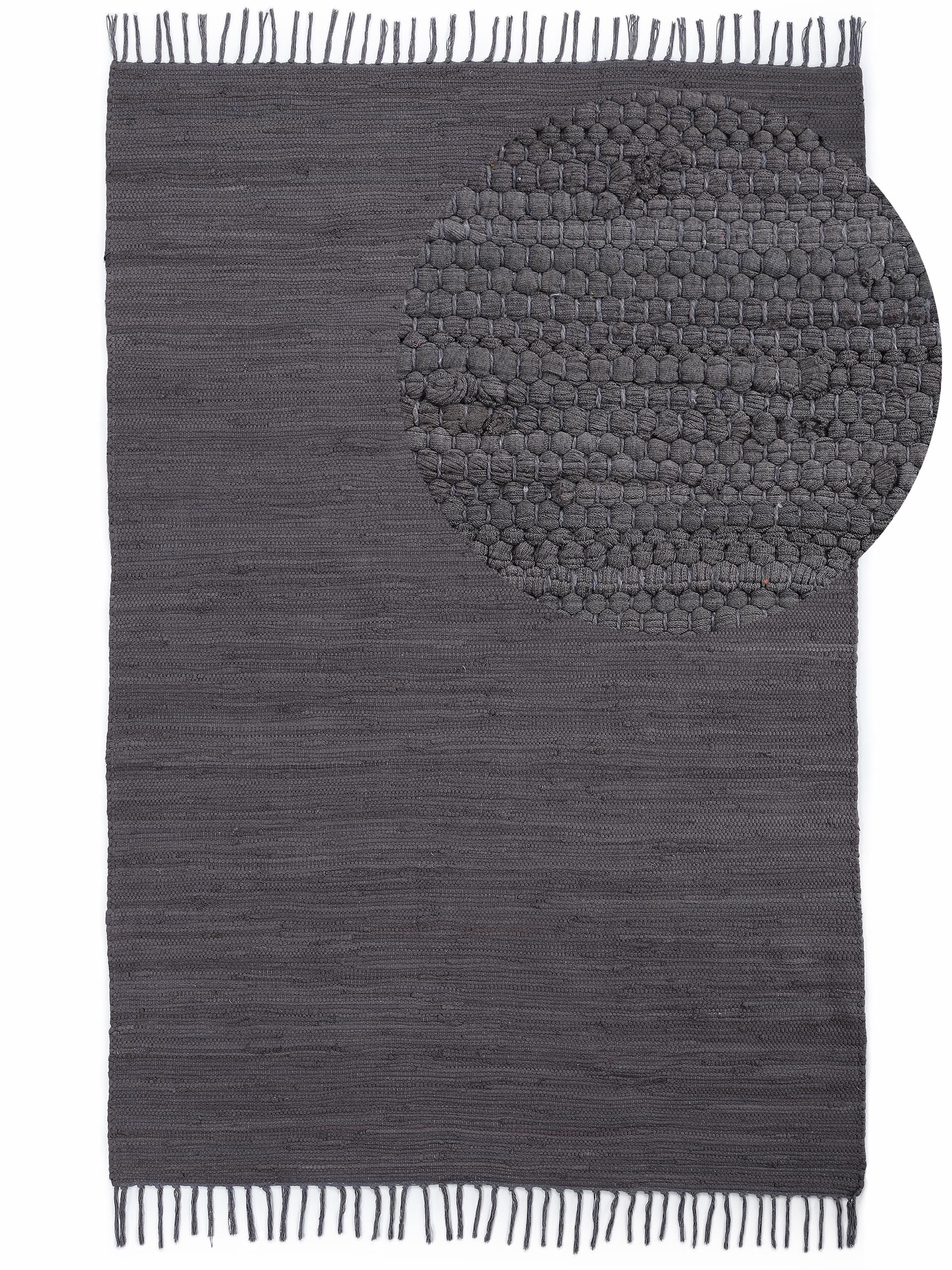 carpetfine Flickenteppich Kelim Chindi Uni Grau 140x200 cm, handgewebt | Fleckerlteppich aus Baumwolle für Wohnzimmermit Fransen