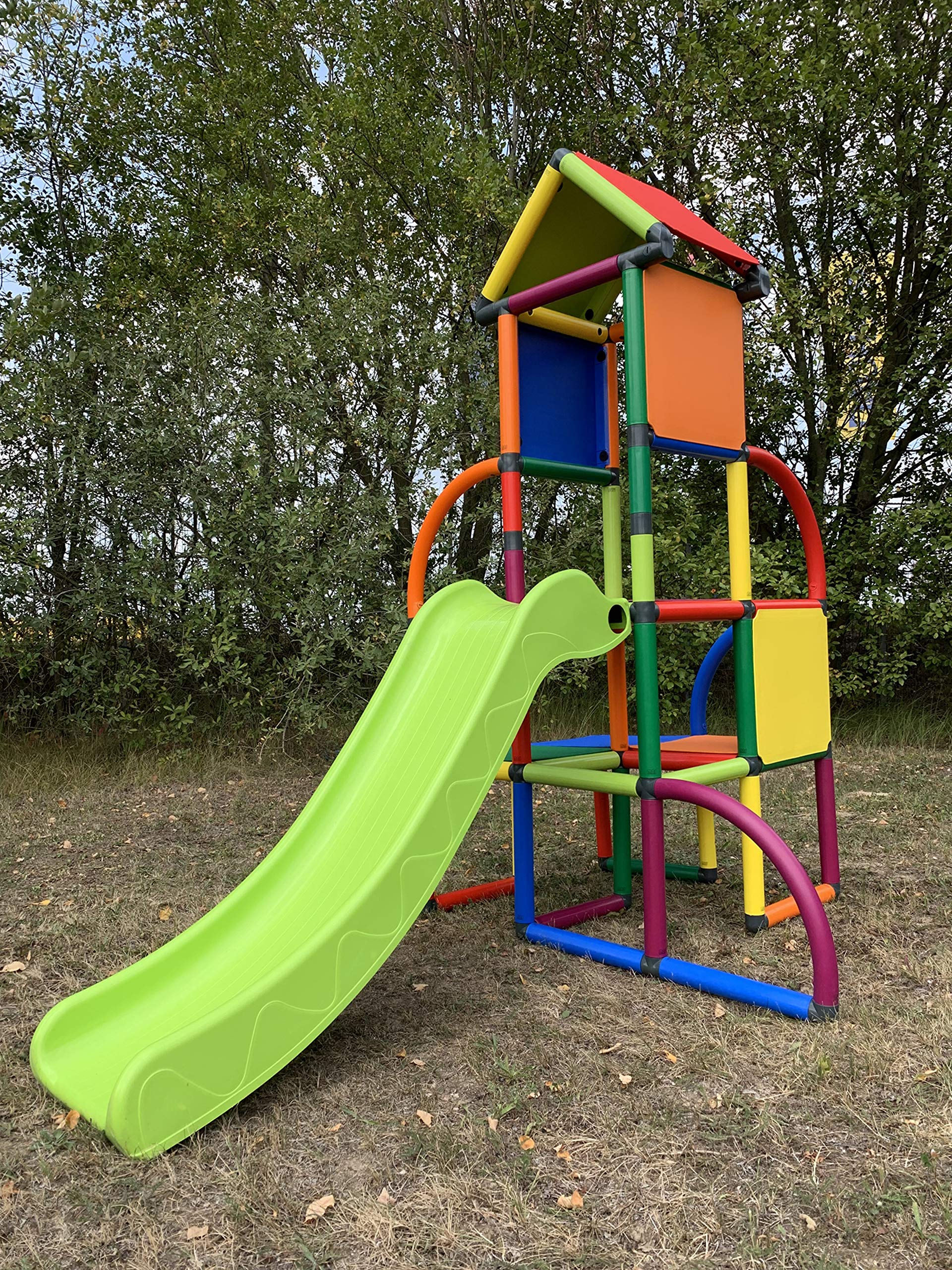 Move and stic Spielturm Toni mit Rutsche – Indoor & Outdoor Kletterturm mit Spielhaus – Modulares Klettergerüst aus UV-beständigem Kunststoff – Für Kinderzimmer, Spielzimmer & Garten