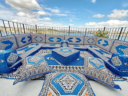 Miniatura 4 de arabicsofa Juego de sofá árabe en forma de U – Asientos modulares de piso azul real para habitación de invitados