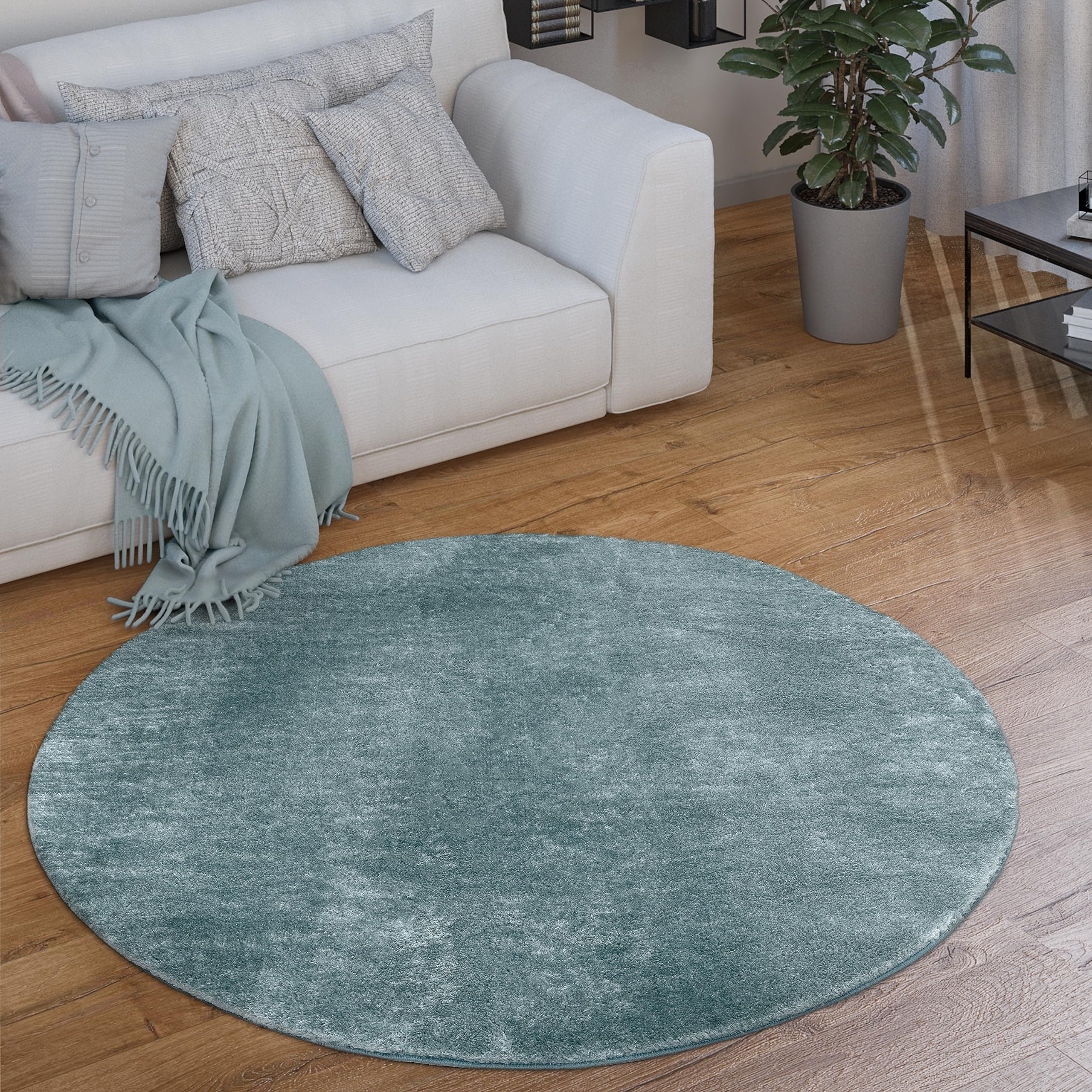 Paco Home Teppich Wohnzimmer Kurzflor Weich rutschfest Modern Einfarbiges Muster blau Türkis, Grösse:200 cm Rund