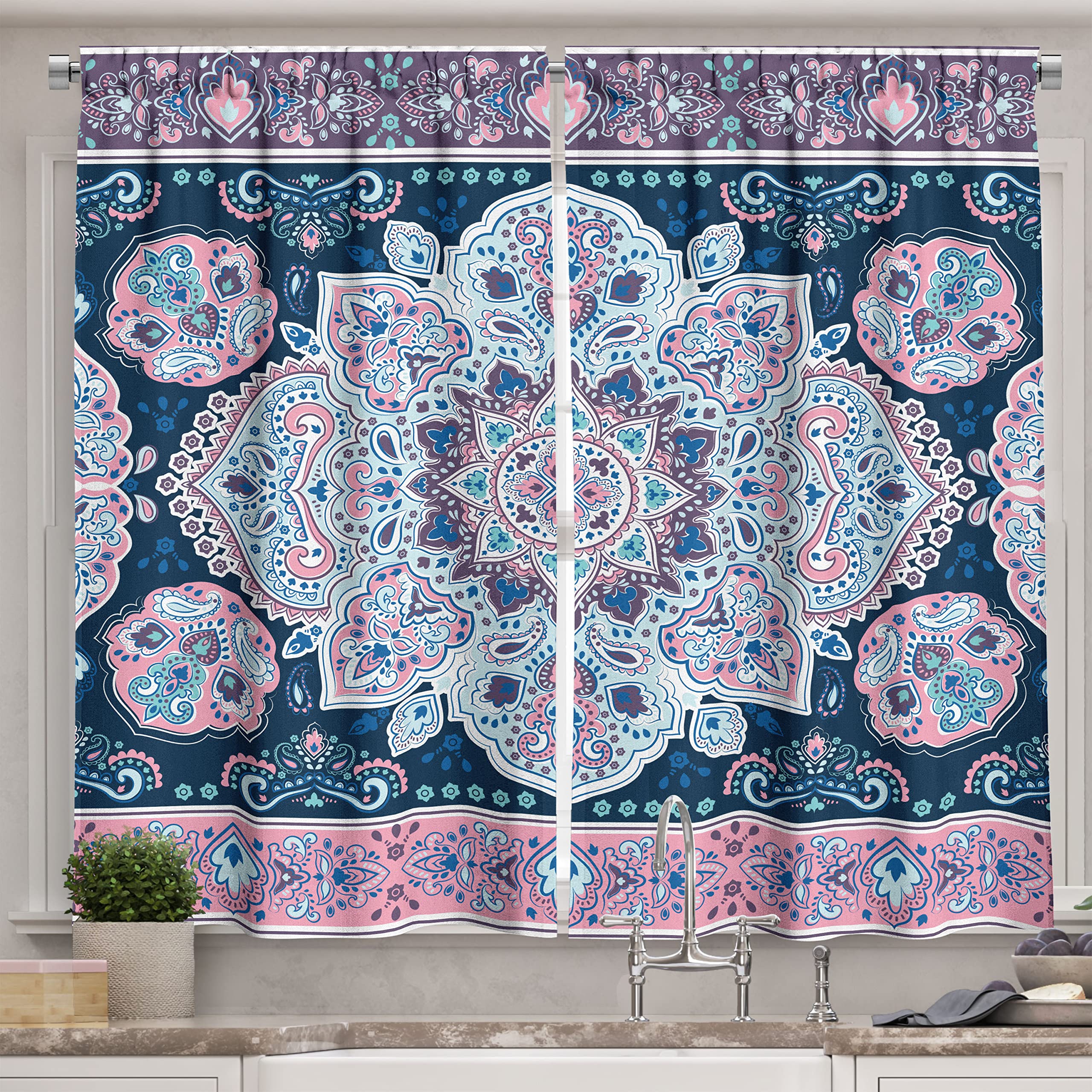 Ambesonne Mandala Long Kitchen Curtains, Eastern Paisley Pattern Karma Hidden Universe Theme Floral Print, Two Panels Drapes with Rod Pocket Room