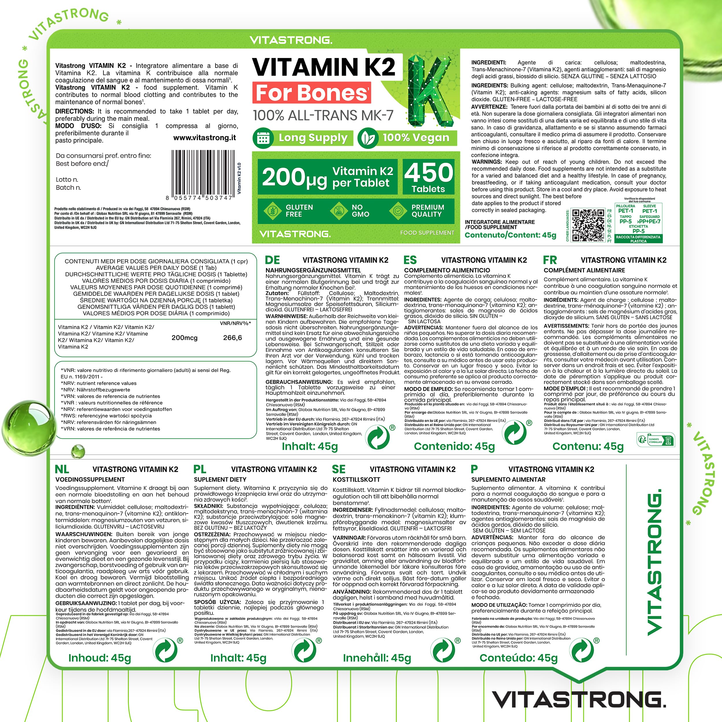 Vitamine K2 MK7 200µg Vitastrong Vegan, 1 Comprimé par Jour (Cure 15 Mois) 450 Comprimés, MK-7 All-Trans Haute Biodisponibilité, Vitamine K2 (Ménachinone), Sans Gluten, Lactose ni OGM, Qualité Premium