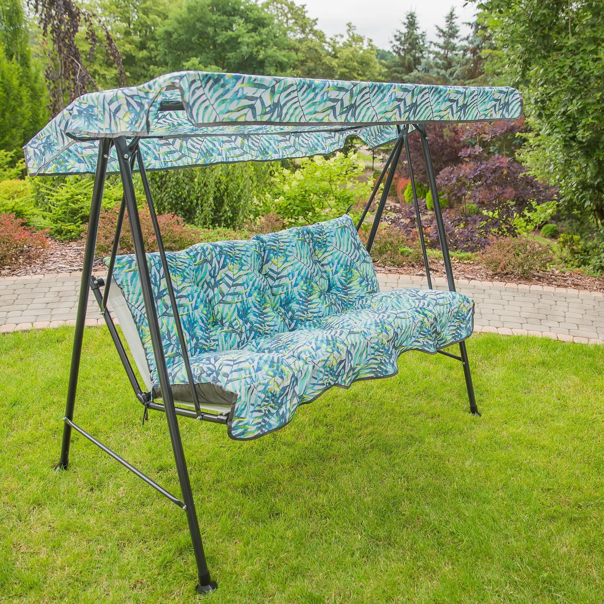 PATIO Tora 3-osobowa huśtawka ogrodowa Hollywood 138 cm, huśtawka ogrodowa, poduszka na oparcie, poduszka do siedzenia z dachem chroniącym przed słońcem, wzór roślinny, kolor biały, niebieski, żółty