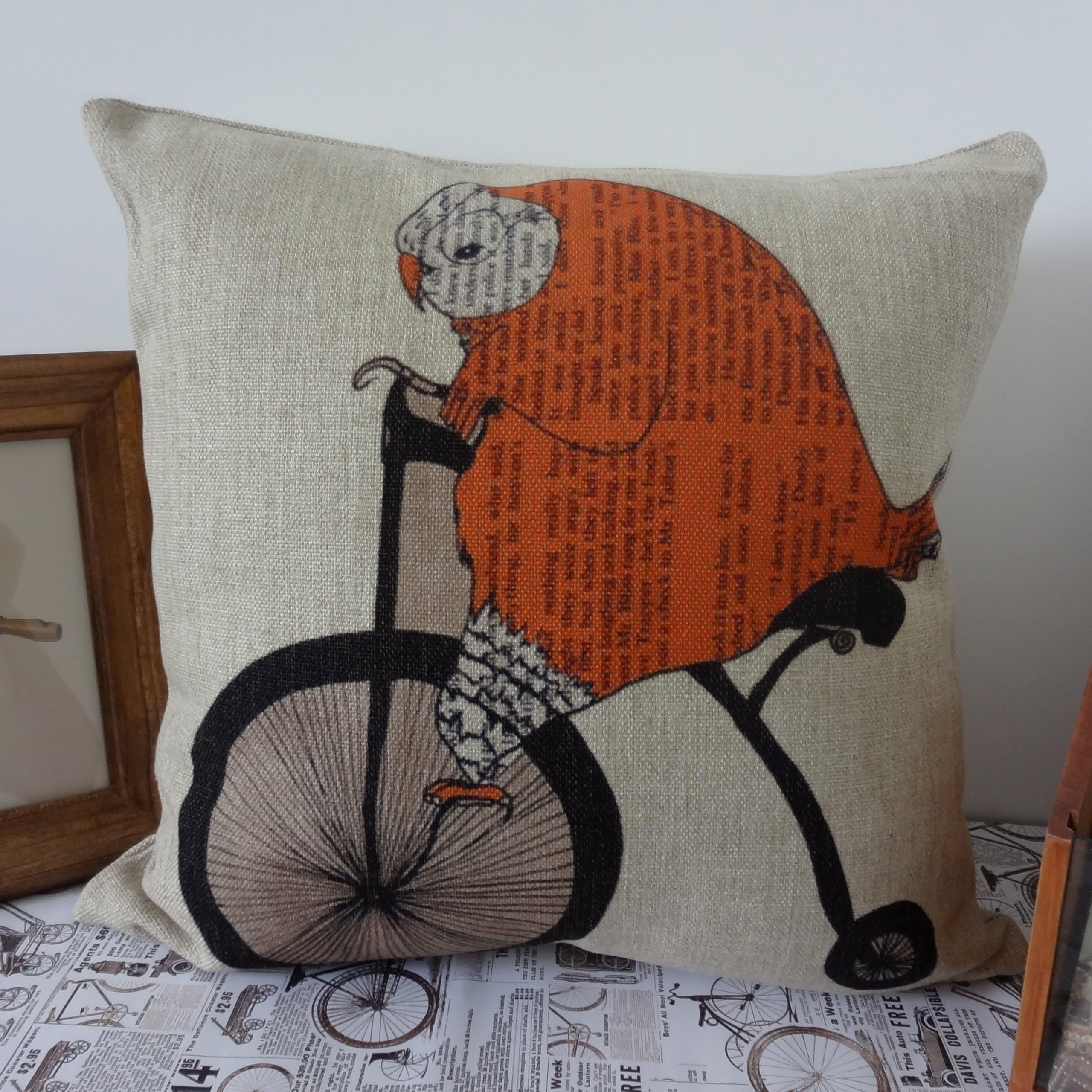 LINKWELL 45x45cm Owl on the Bicycle Bike Cute Orange Cushion Cover Pillow Cover