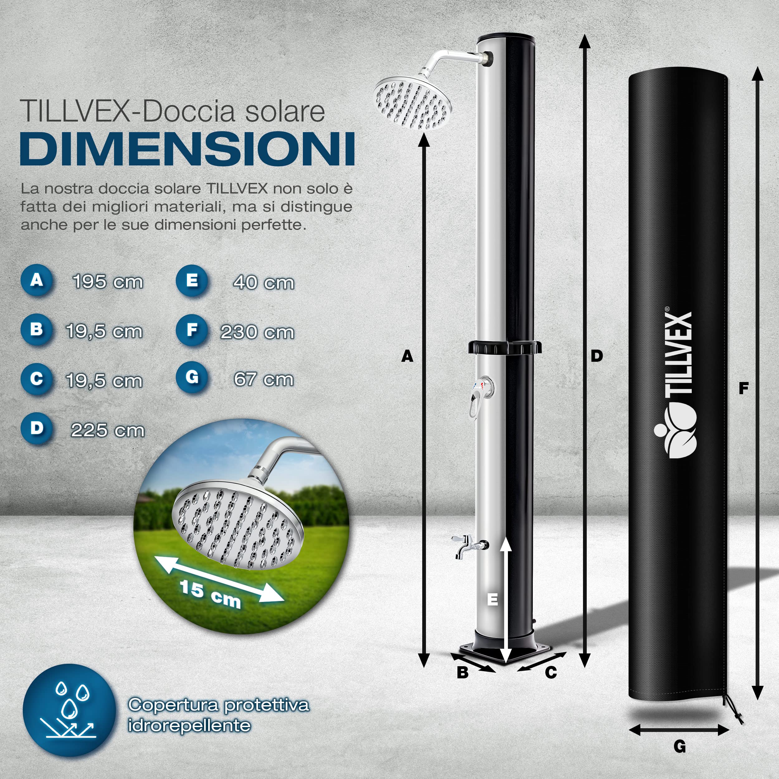 tillvex Doccia Solare da Giardino 40 Litri - Custodia Protettiva Inclusa, con Rubinetto e soffione a Pioggia, Collegamento per Tubo da Giardino