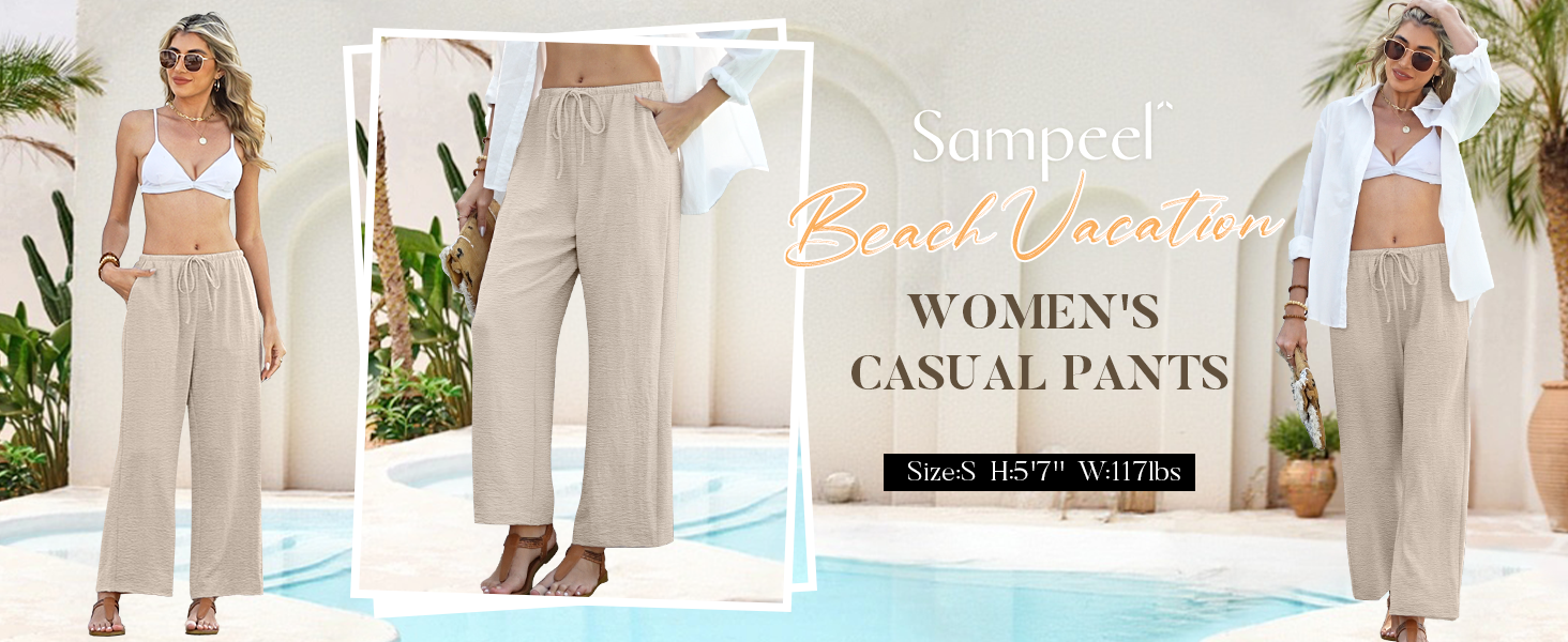 Sampeel Linen Pants Women Petite Wide Leg Palazzo Capri Pants for