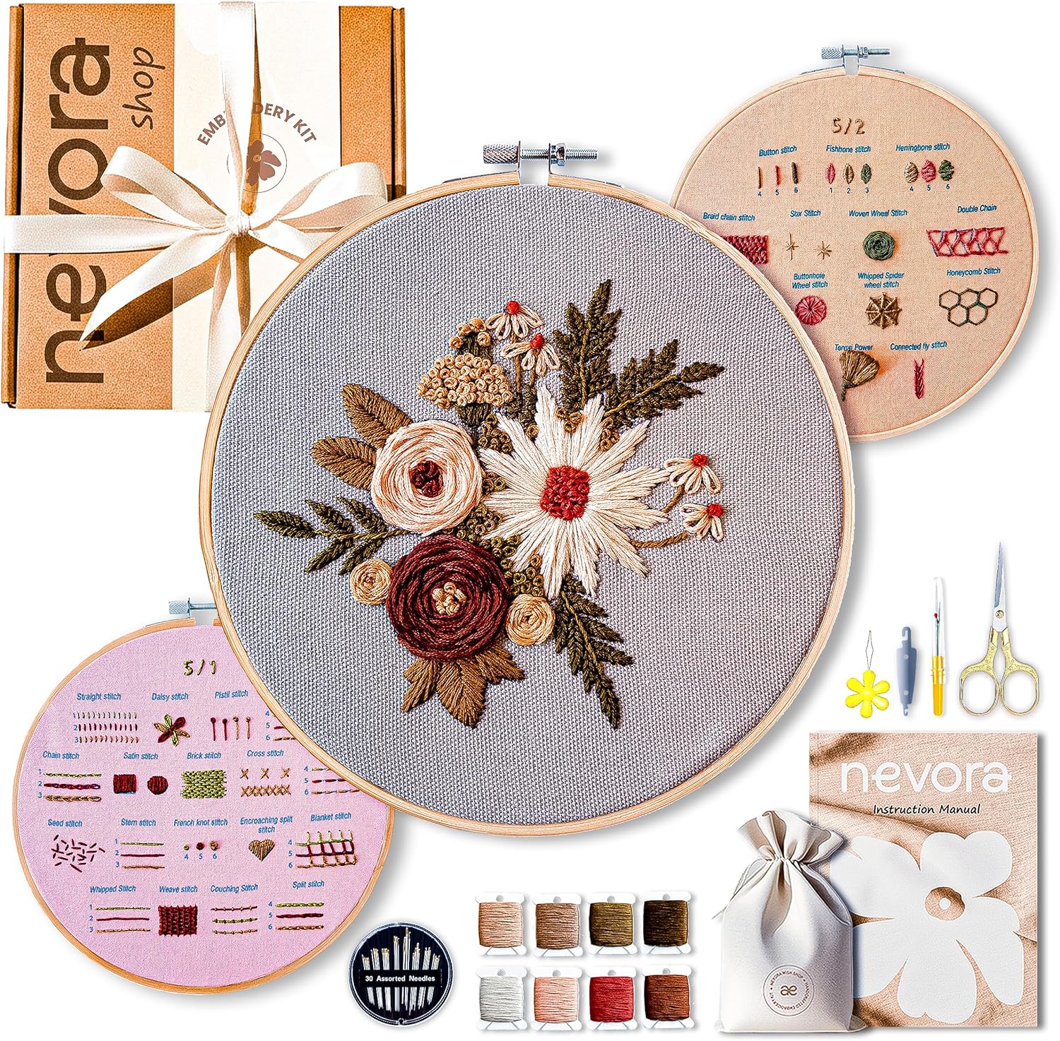 nevora shop 3 Hoop Embroidery Kit for Beginners Adults – Learn 32 Stitches with 3 Progressive Projects, Stamped Patterns, Video Tutorial & Free Organizer Bag.