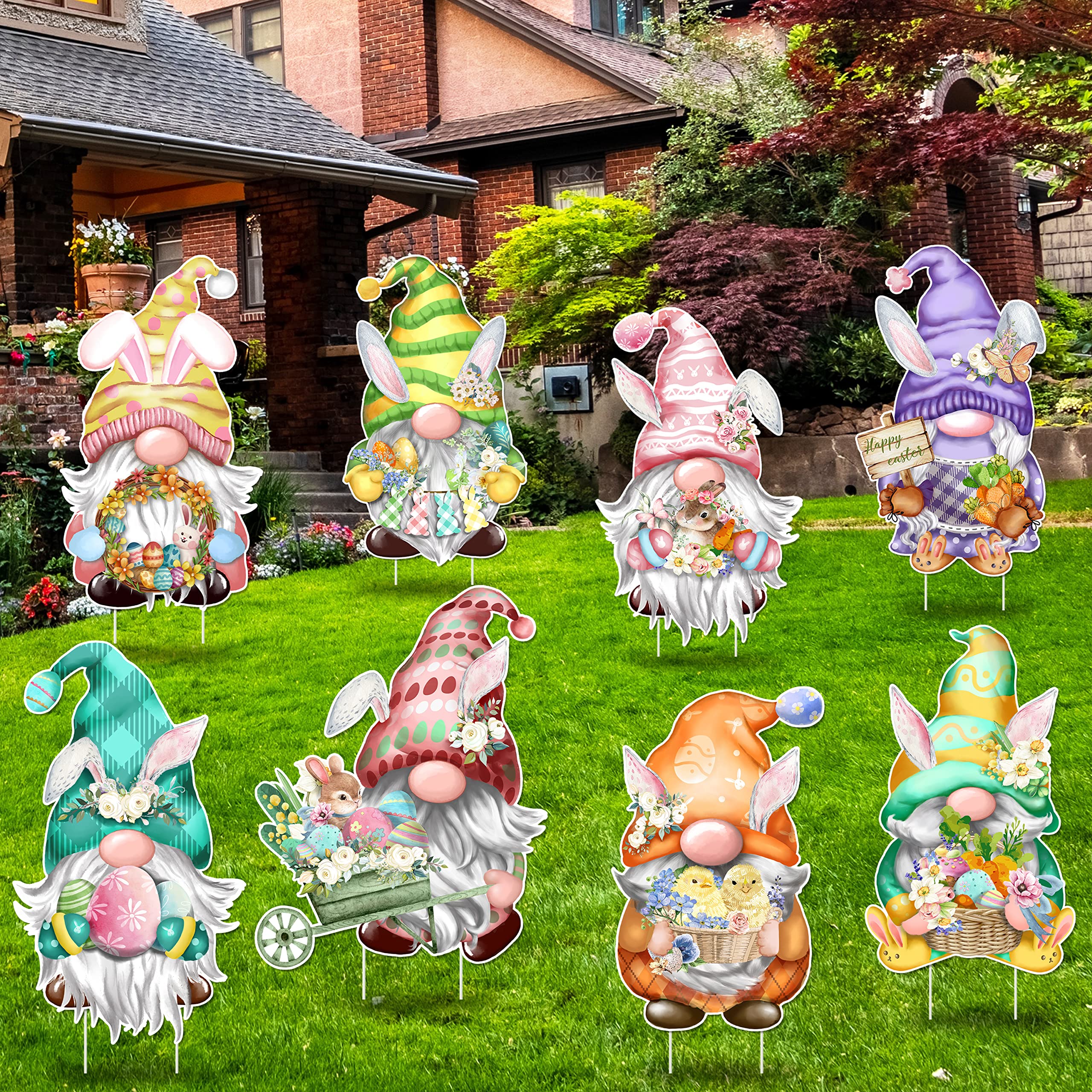8 PCS Easter Gnome Yard Signs Decorations Weatherproof Bunny Gnome Yard Stakes Outdoor Easter Lawn Yard Decorations for Spring Home Garden Easter Hunt Game Photo Props Party Decor (Easter 8P)