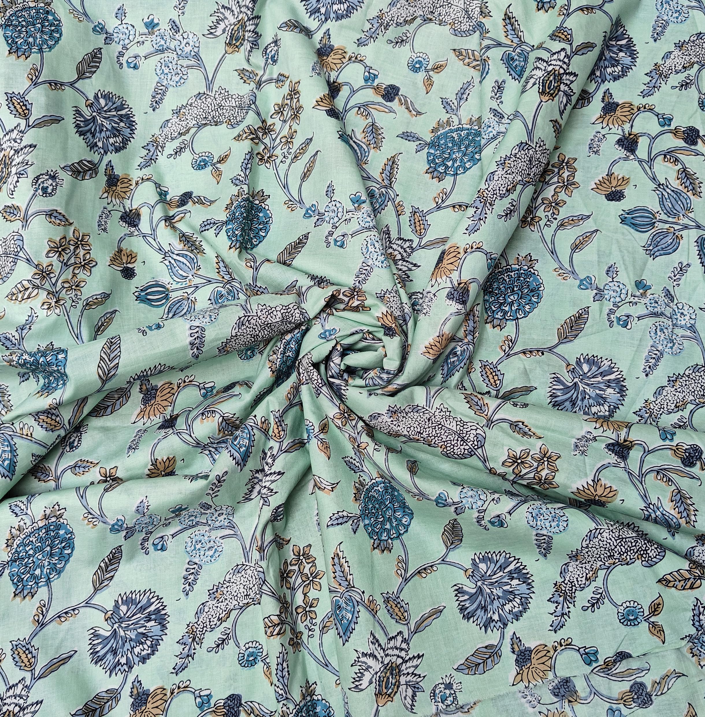 Malan Bai Printed Cotton Cloth C Green Floral Materiel Natural Running Fabric Jaipuri Hand Block Printed Women Dress Material Kurtis Natural 43" Inches Width (3.5 Meter)-image-28