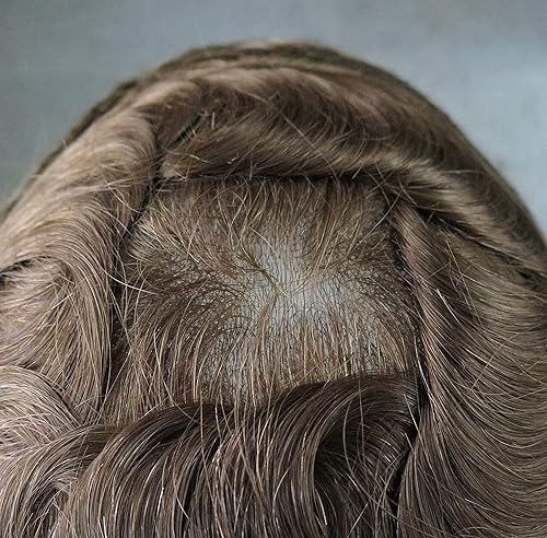 Miniatura 7 de Toupee para hombres piezas de cabello humano, sistema de reemplazo de cabello, piel fina en V, unidades de cabello castaño claro #7