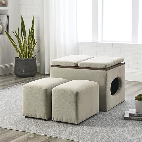 Otomana de almacenamiento de poliéster de 25 pulgadas de ancho, mesa de centro tapizada con dos reposapiés pequeños, banco acolchado para sala de disponible en Yaxa Colombia