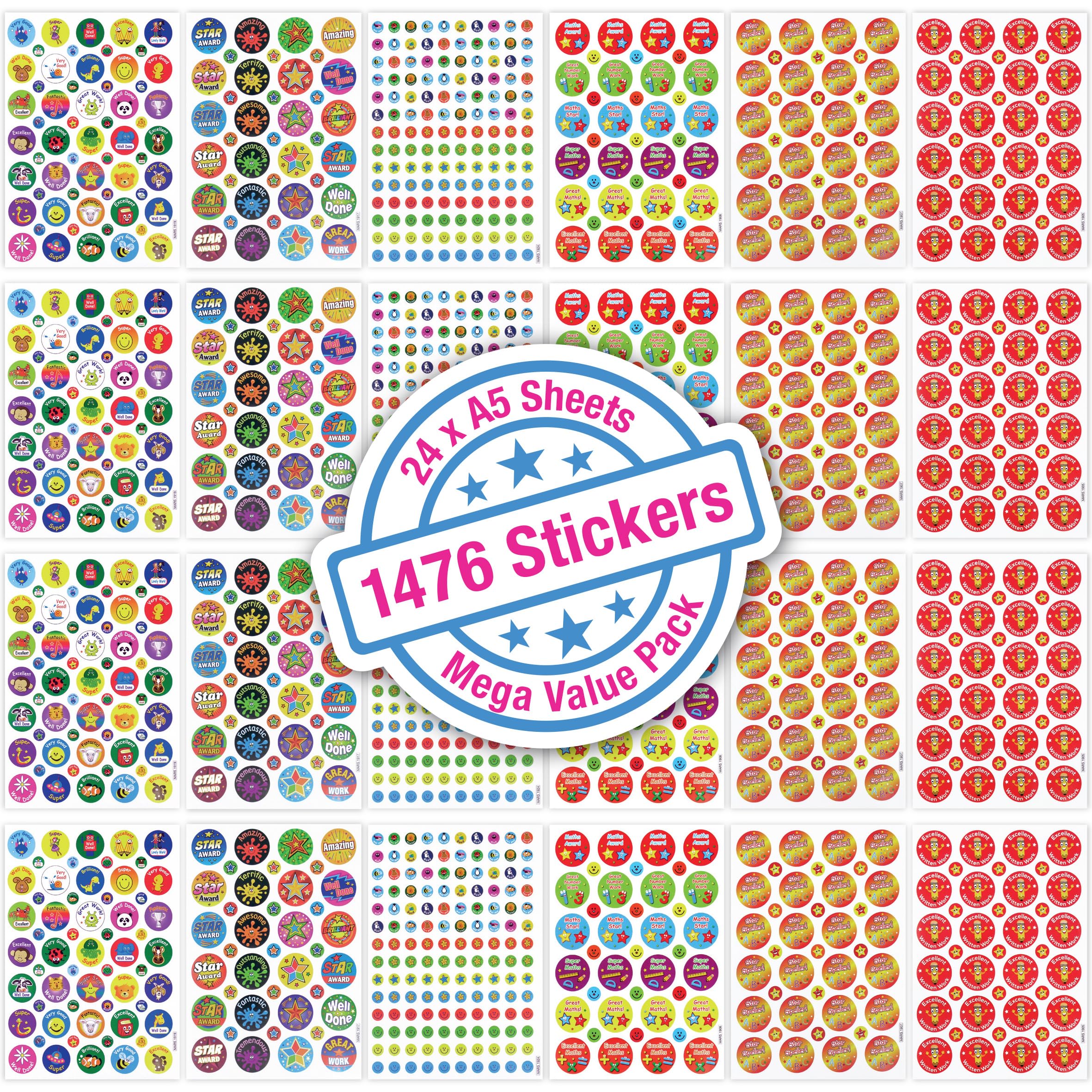 Reward Stickers for Teachers – 1476 Motivational Stickers for Kids, 24 Sheets of A5 - Classroom Rewards, Praise & Achievement Stickers, Teacher Supplies, KS1 & KS2