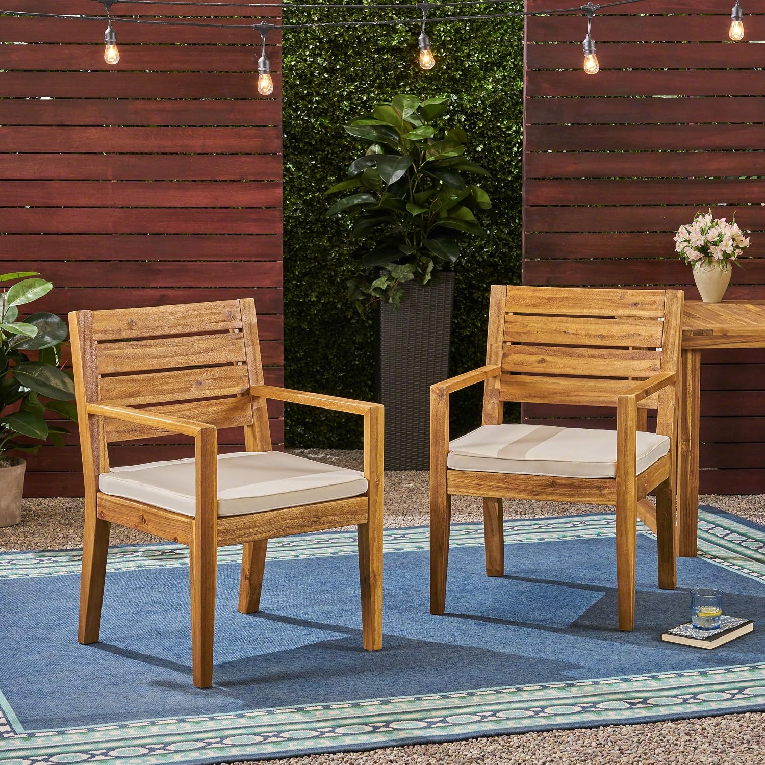 GDFStudio Great Deal Furniture Outdoor Acacia Wood Dining Chairs, Sandblast Natural and Cream (Set of 2)
