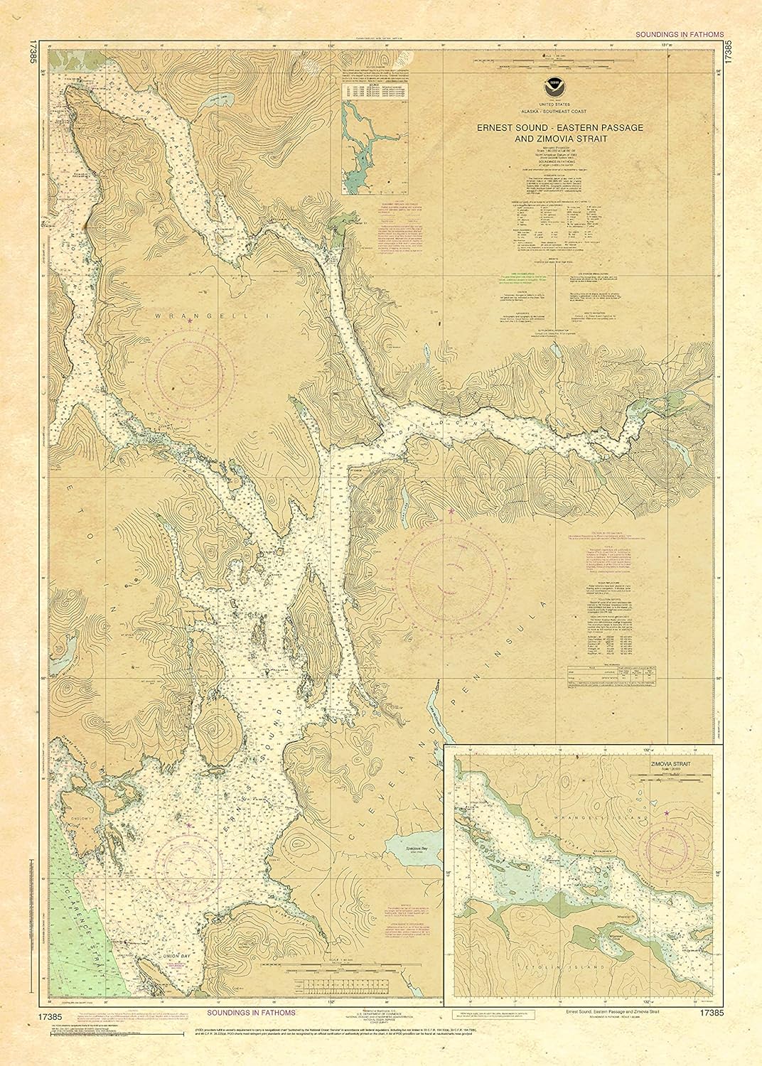 Paradise Cay Publications Antiqued NOAA Chart 17385: Ernest Sound-Eastern Passage and Zimovia Strait; Zimovia Strait