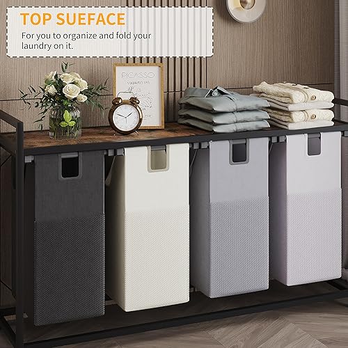 Miniatura 6 de Cesta de lavandería con cuatro bolsas extraíbles, asas de tela, estante superior grande y bolsa de lavandería para baño, dormitorio, cuarto de