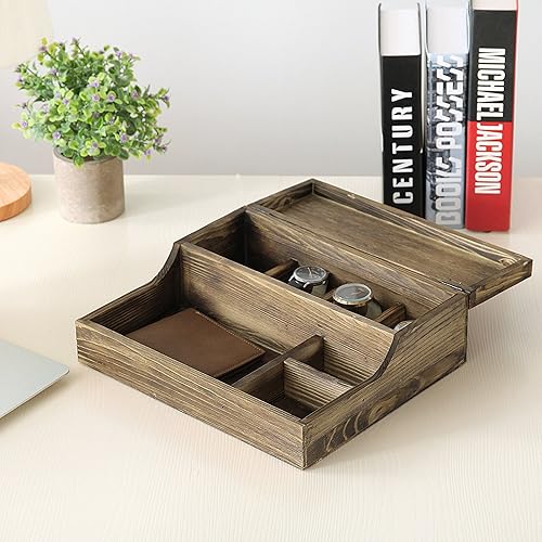 Miniatura 6 de MyGift Caja de reloj rústica de madera quemada marrón y organizador de valet para hombres y mujeres