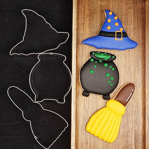 Miniatura 4 de Juego de cortadores de galletas de Halloween, 3 piezas de cortador de galletas de acero inoxidable, moldes para hornear, olla de bruja, sombrero de