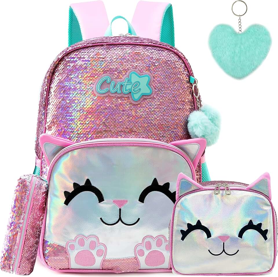 Mochila escolar fofa Meetbelify para meninas, mochila infantil com lantejoulas, para ensino fundamental, Clássico