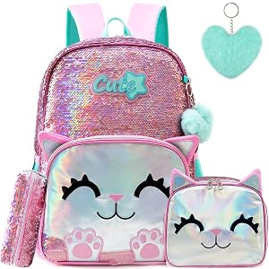 Meetbelify Cute Backpack for Girls Pink Cat School Backpacks Kids Sequin Bookbag for Elementary Kindergarten Students with Lunch