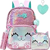 Meetbelify Cute Backpack for Girls Pink Cat School Backpacks Kids Sequin Bookbag for Elementary Kindergarten Students with Lunch Box Pencil Case for Girls 5-12 Years Old