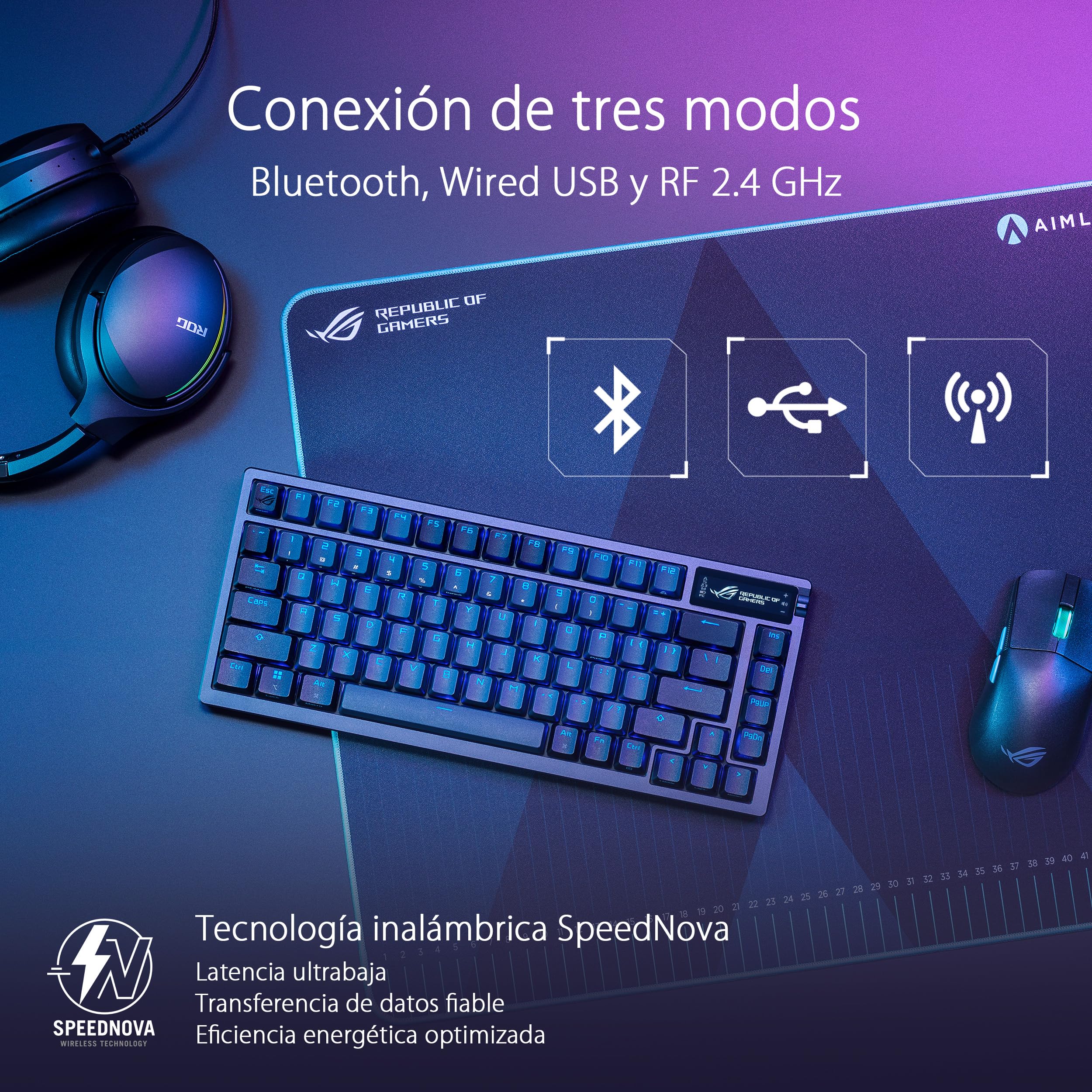 ASUS ROG Azoth - Teclado Mecanico Gaming 75%, Cubierta Metálica, Switch ROG NX Red lubricados, ABS, Kit de Lubricado, IR, BT y USB-C, Pantalla OLED, Tres Alturas y Compatible con Mac - QWERTY español