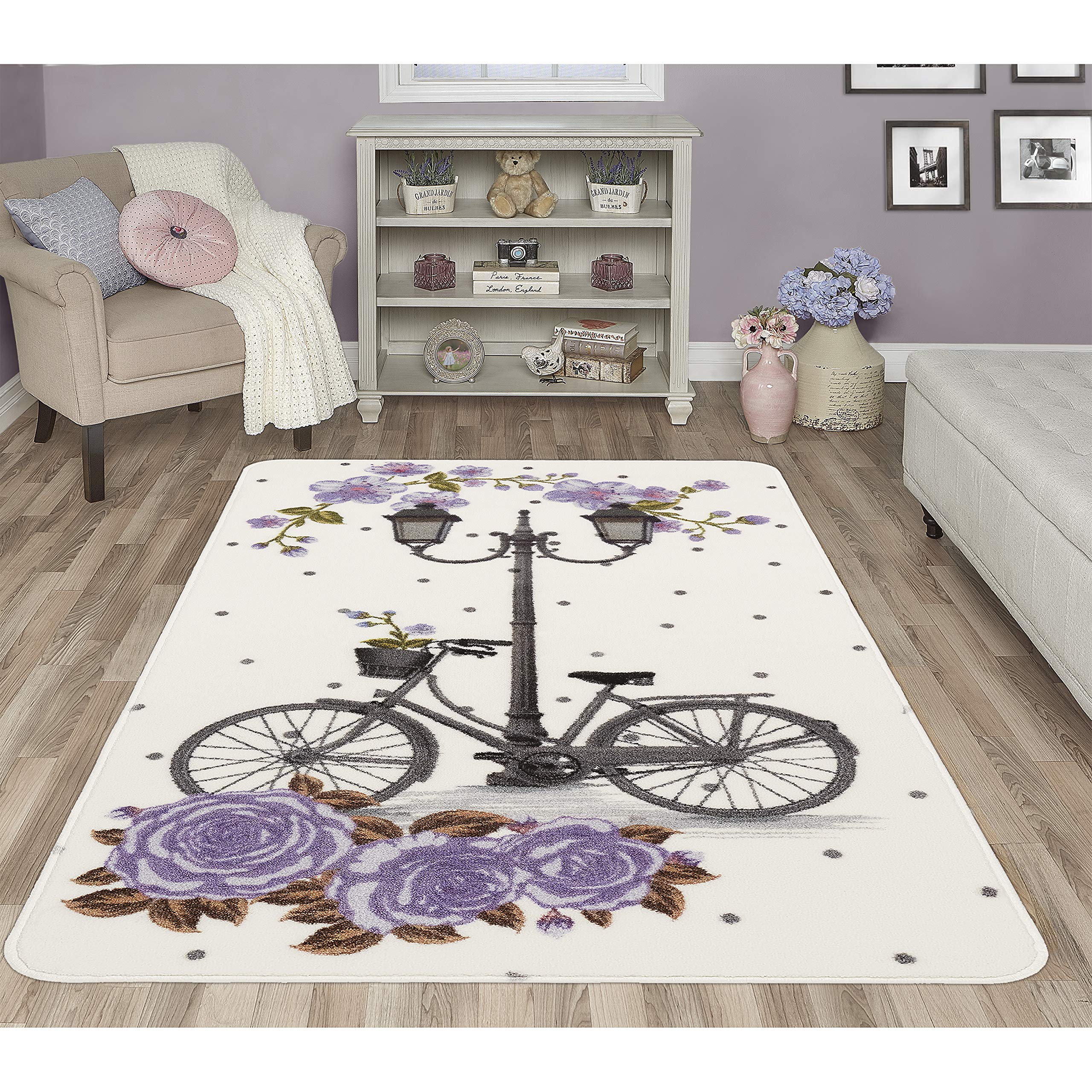 Photo 1 of Evolur Home Lilac Vintage Bike Nursery Rug 70"x52" in Multicolor