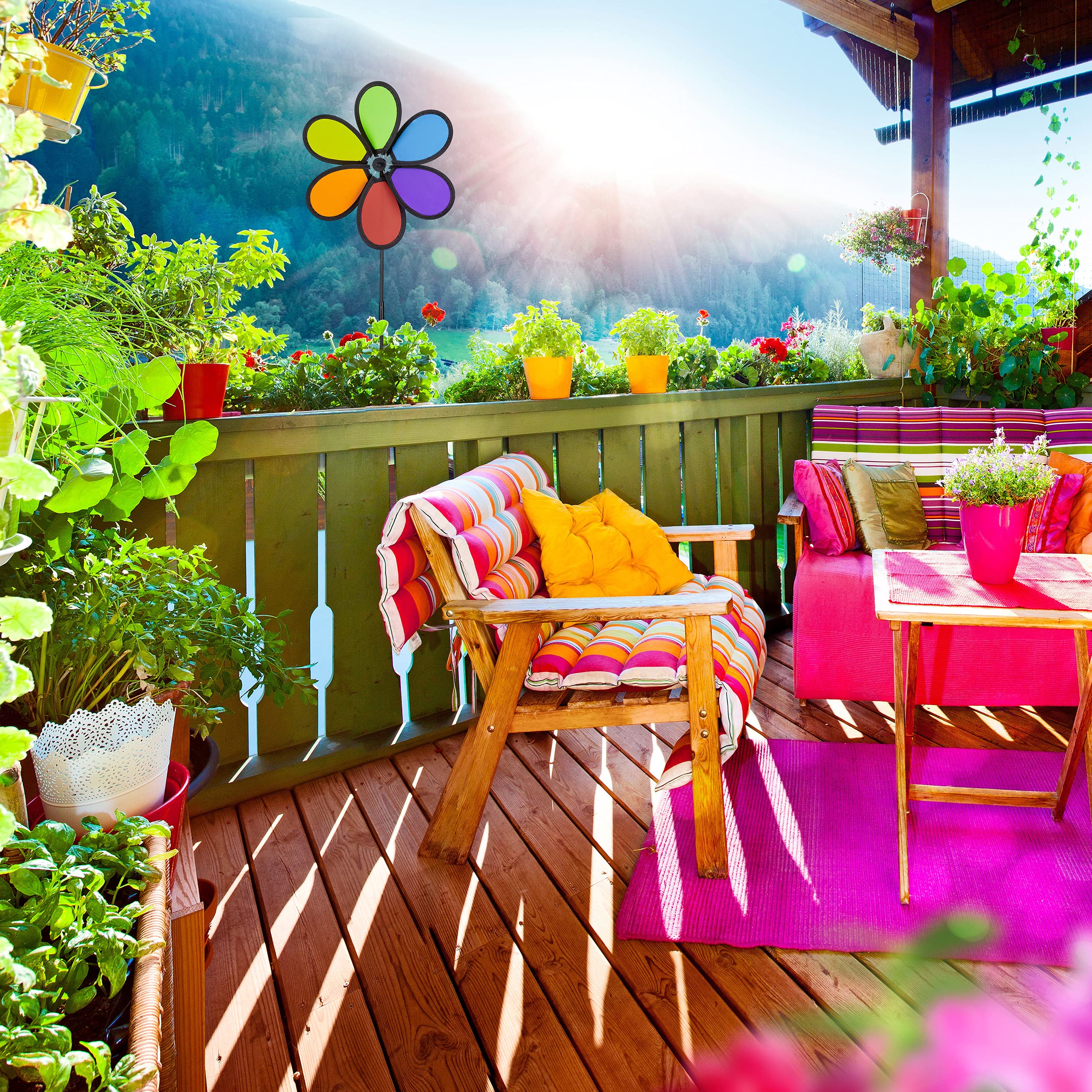 relaxdays Moulin à Vent, Design Fleur, Lot de 2, déco pour Balcon, terrasse, Jardin, HLP 66x27x7 cm, Arc-en-Ciel, coloré