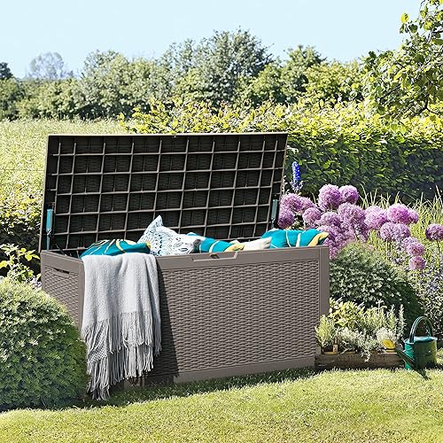 Miniatura 2 de GUNJI Caja de almacenamiento para exteriores de 100 galones, impermeable, grande, de resina, para patio, banco de almacenamiento, contenedor de