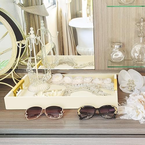 Miniatura 7 de Bandeja de cuero para servir con asas de metal pulido dorado, rectangular de madera decorativa para el hogar, bandeja otomana decorativa para el