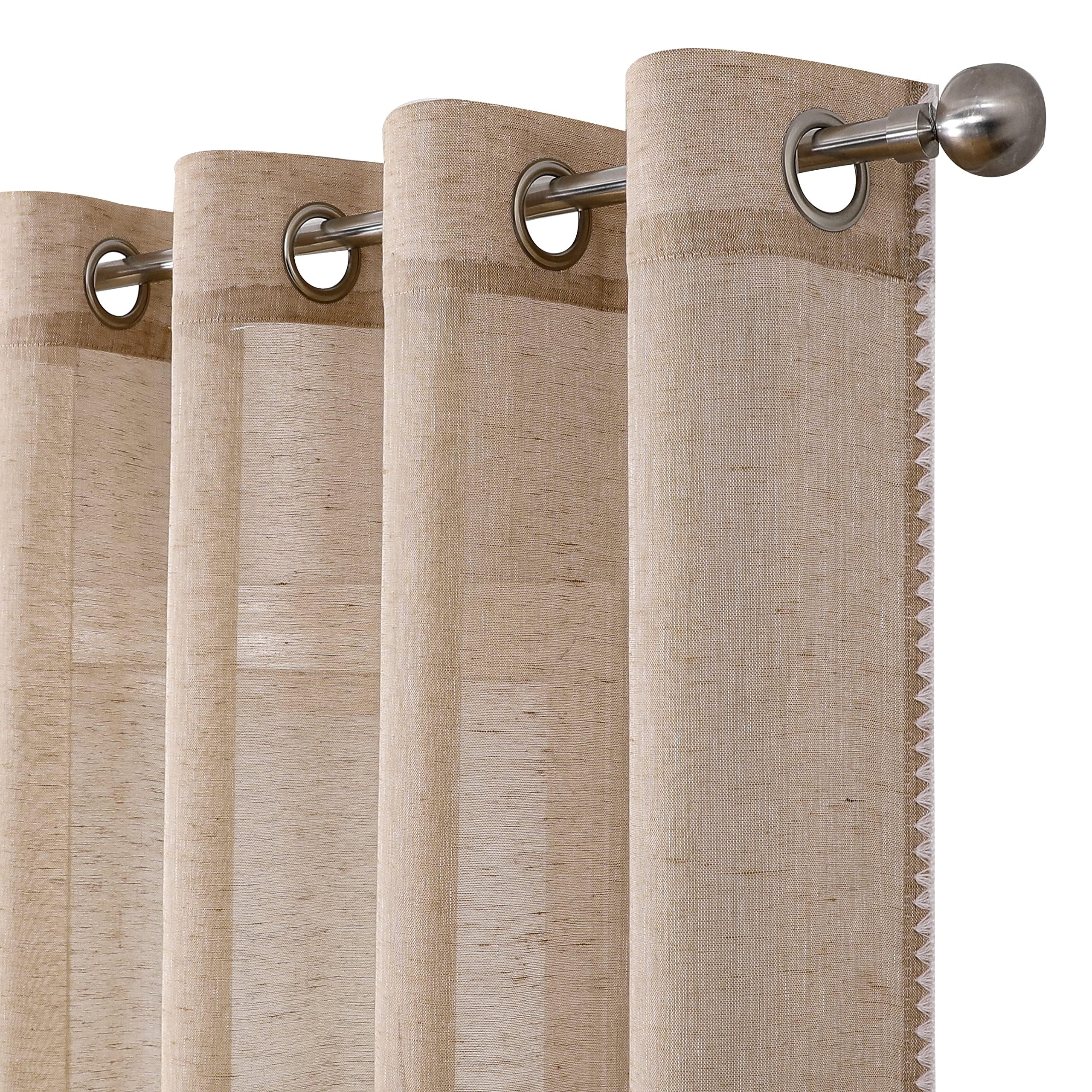 Boho Linen Curtains with Bordered, Boho Curtains Natural Textured Farmhouse Curtains Sheer Linen Curtains Grommet Top Window Curtain Panels for Living Room and Bedroom(52 x 84 Inch, Caramel, 2 Panels) โ image 1