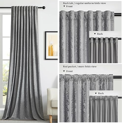 Miniatura 4 de GIGIZAZA Cortinas de terciopelo gris de 96 pulgadas de largo para sala de estar, 2 paneles de cortinas bohemias de lujo con estampado de flores en