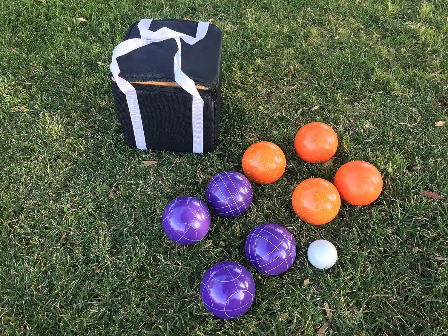 BuyBocceBalls Listing - Unique Bocce Set - 107mm with Purple and Orange Balls, Black Bag