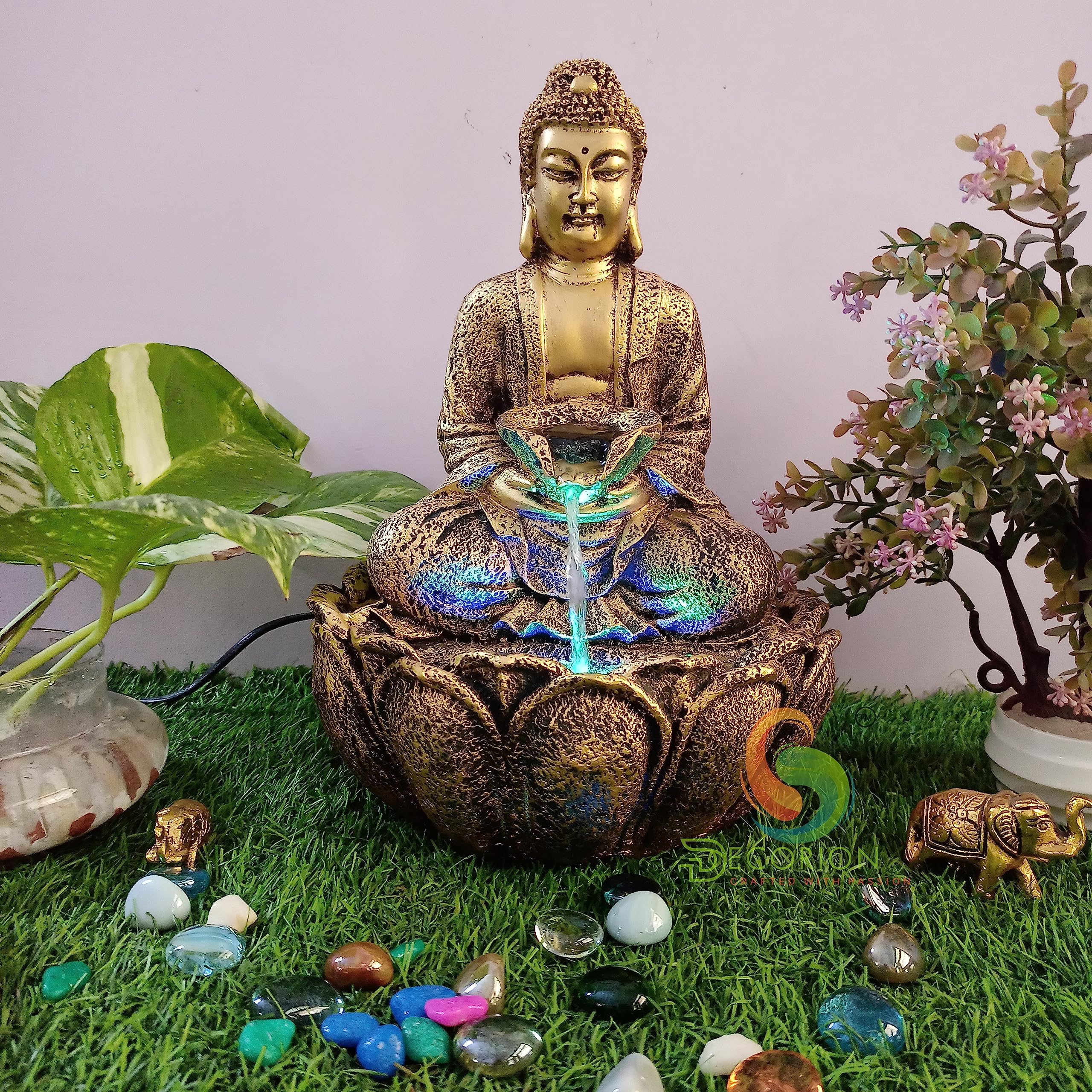 DECORION™ Golden Kamal/Lotus Budhha Decorative Table Top Water Fountain for Home Décor/Office/Indoor & Outdoor/Garden/Puja Room/Vaastu/Meditation with Multicolor LED Light and Adjustable Water Pump-picture-27