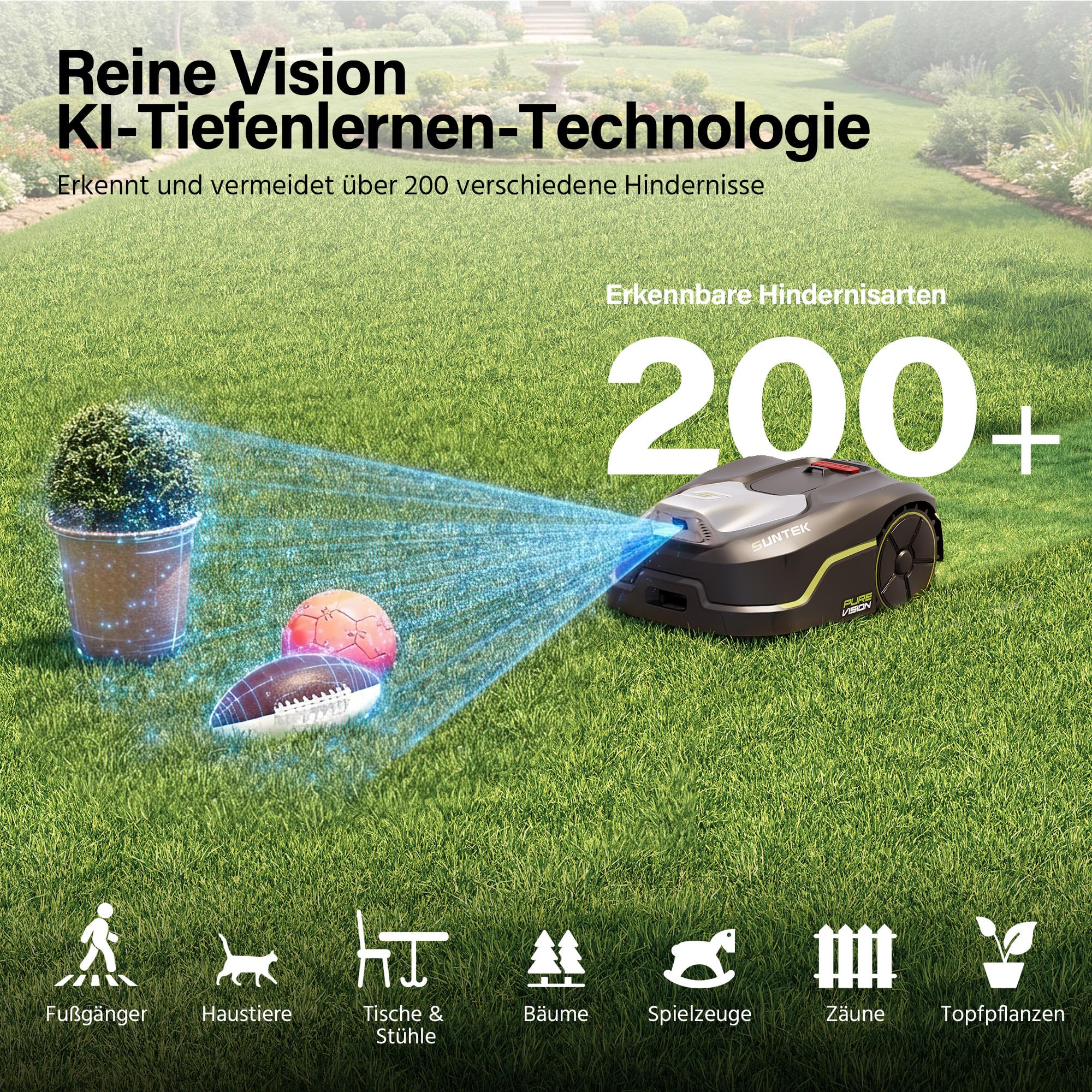 SUNTEK SRM2025 Mähroboter ohne Begrenzungskabel, KI Pure Vision Rasenmäher Roboter für 250 m² mit automatischer Kartierung, 35% Steigung, Wasserdichtigkeit IPX5, Automatische Kartierung, APP-Steuerung