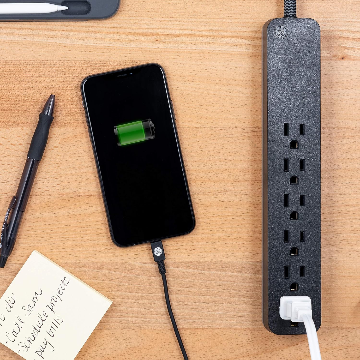 GE UltraPro 6 Outlet Surge Protector, 2 ft Designer Braided Extension Cord, Flat Plug, Long Power Cord, Wall Mount, Black, 44070 : Electronics