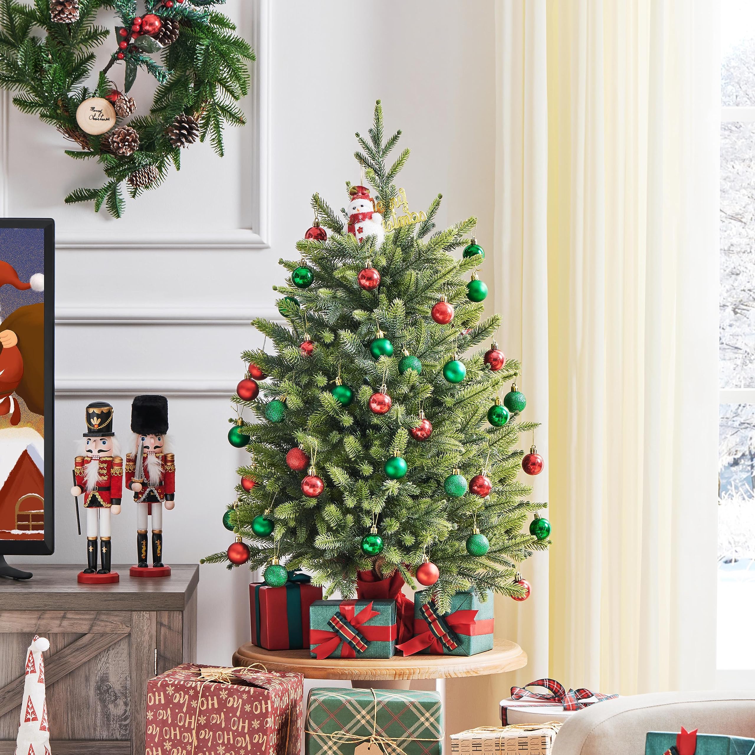 Yaheetech Mini Albero di Natale Artificiale Piccolo da Tavolo con Base Portatile in Miniatura Realistico Ornamenti per Casa Ufficio Interno (Verde, 91 cm)