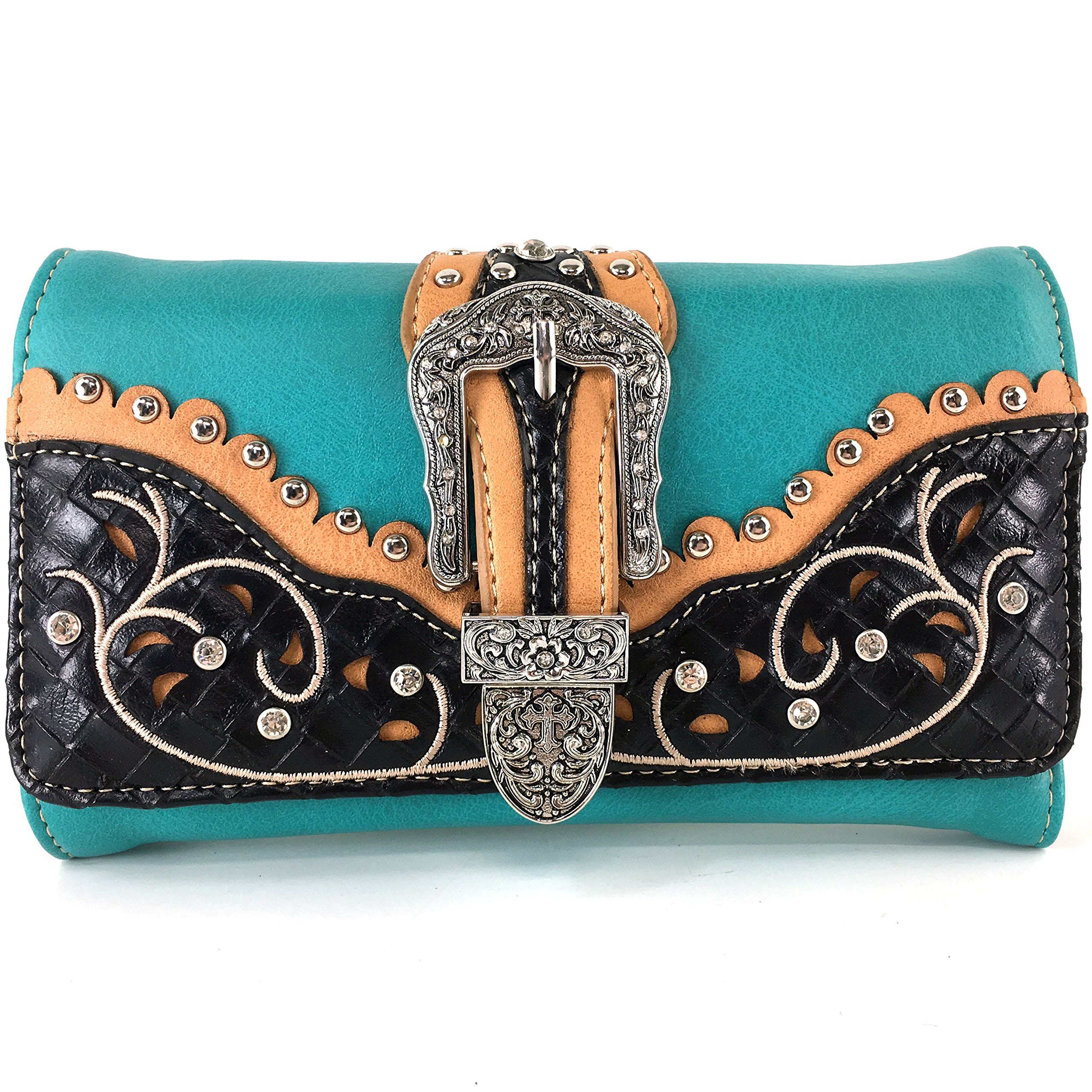 Justin West Floral Embroidery Weaved Rhinestone Buckle Concealed Carry Handbag Purse Wallet
