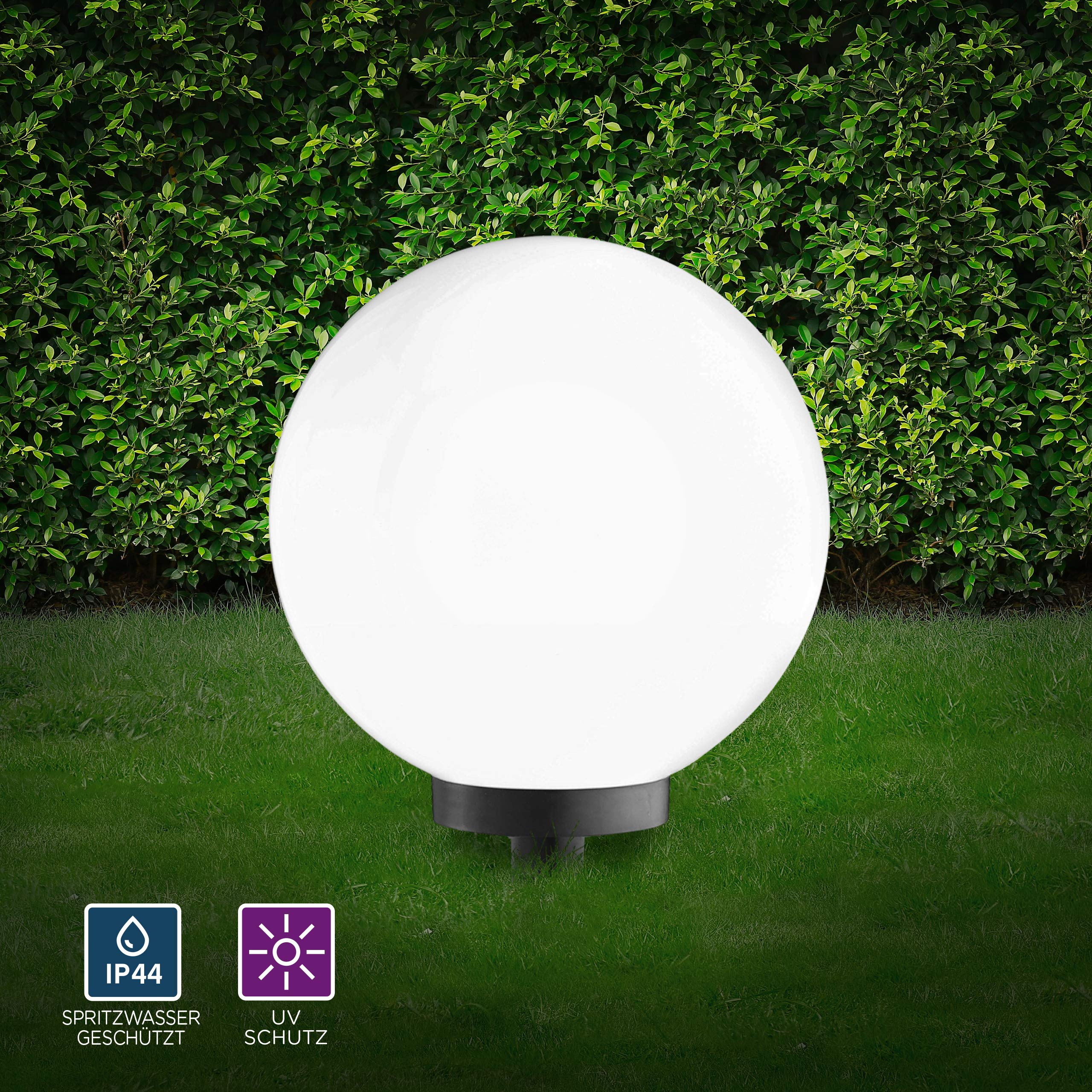 SellTec Kugelleuchte aussen, Gartenlampe weiß | Außenleuchte spritzwassergeschützt | Gartenleuchte, E27 Fassung | Kugellampe mit Erdspieß & 5 Meter Kabelleitung (40cm, Weiß)