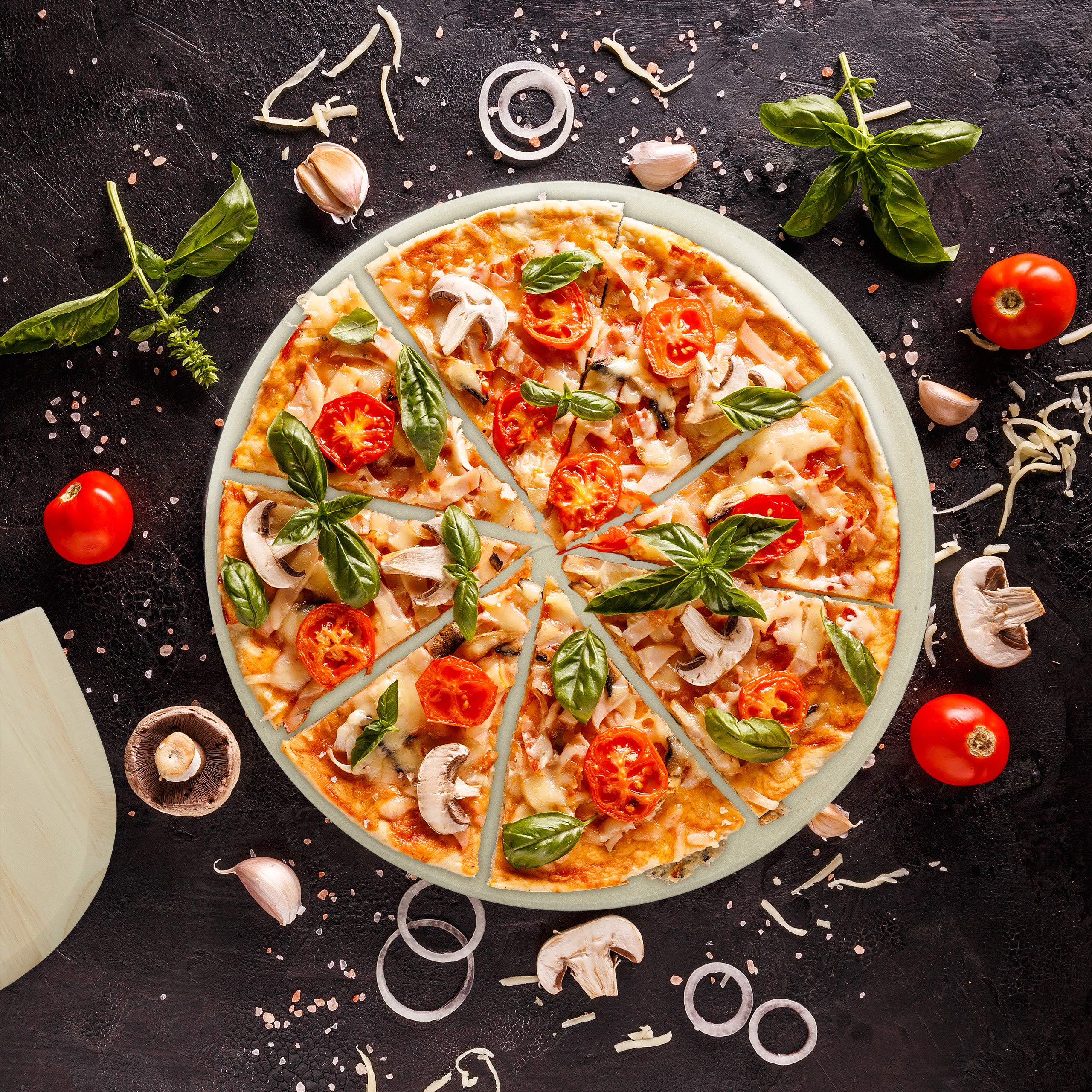 Relaxdays 10020491 Pierre à pizza ronde 1 cm avec support en métal pierre à pain cuisson four pelle à pizza bois spatule HxlxP: 4 x 32 x 32 cm, nature