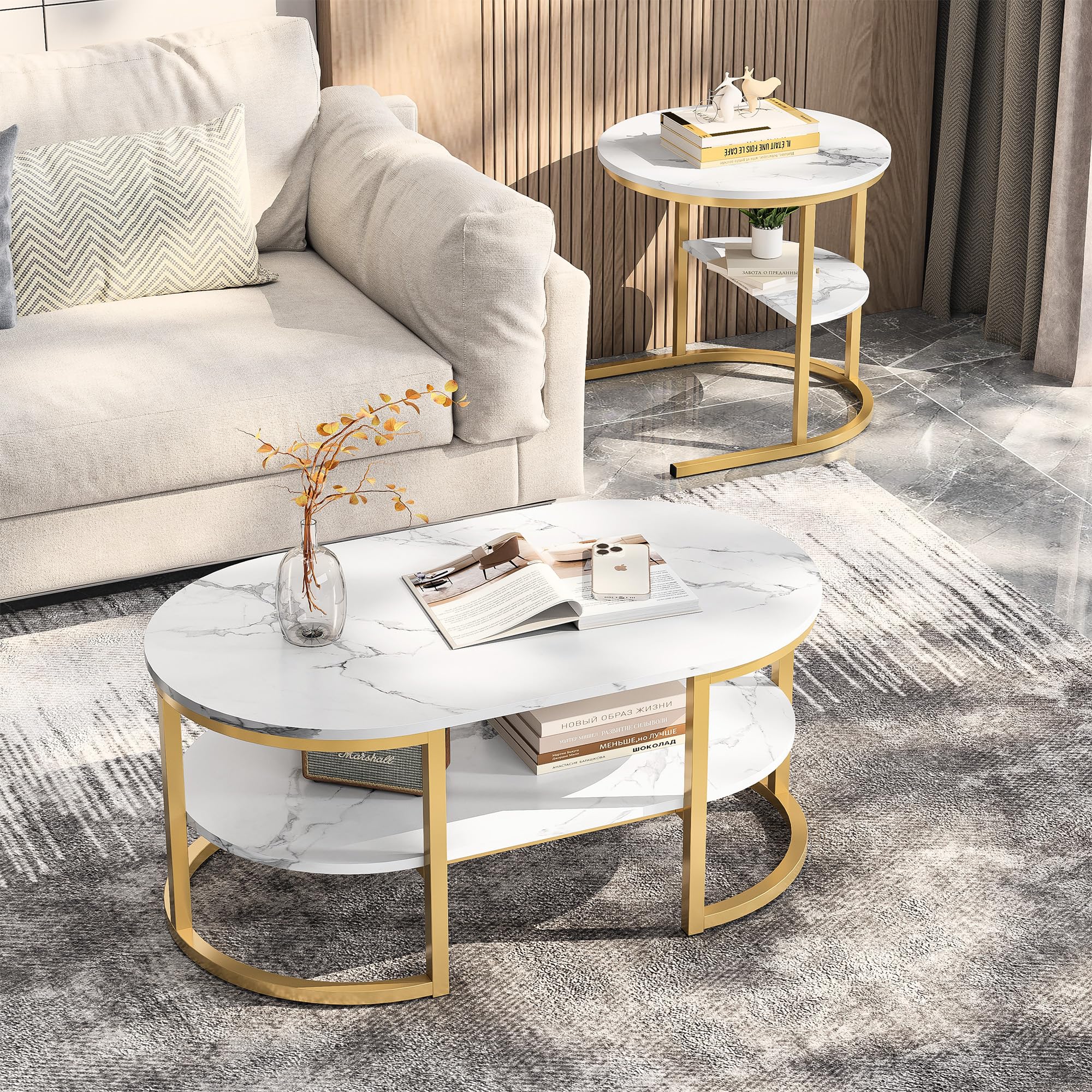 Set di 2 tavolini ovali, set di 2 tavolini 2 in 1 con spazio di archiviazione, tavolino in marmo effetto tavolino da salotto per soggiorno, balcone e ufficio (ovale, bianco + oro)